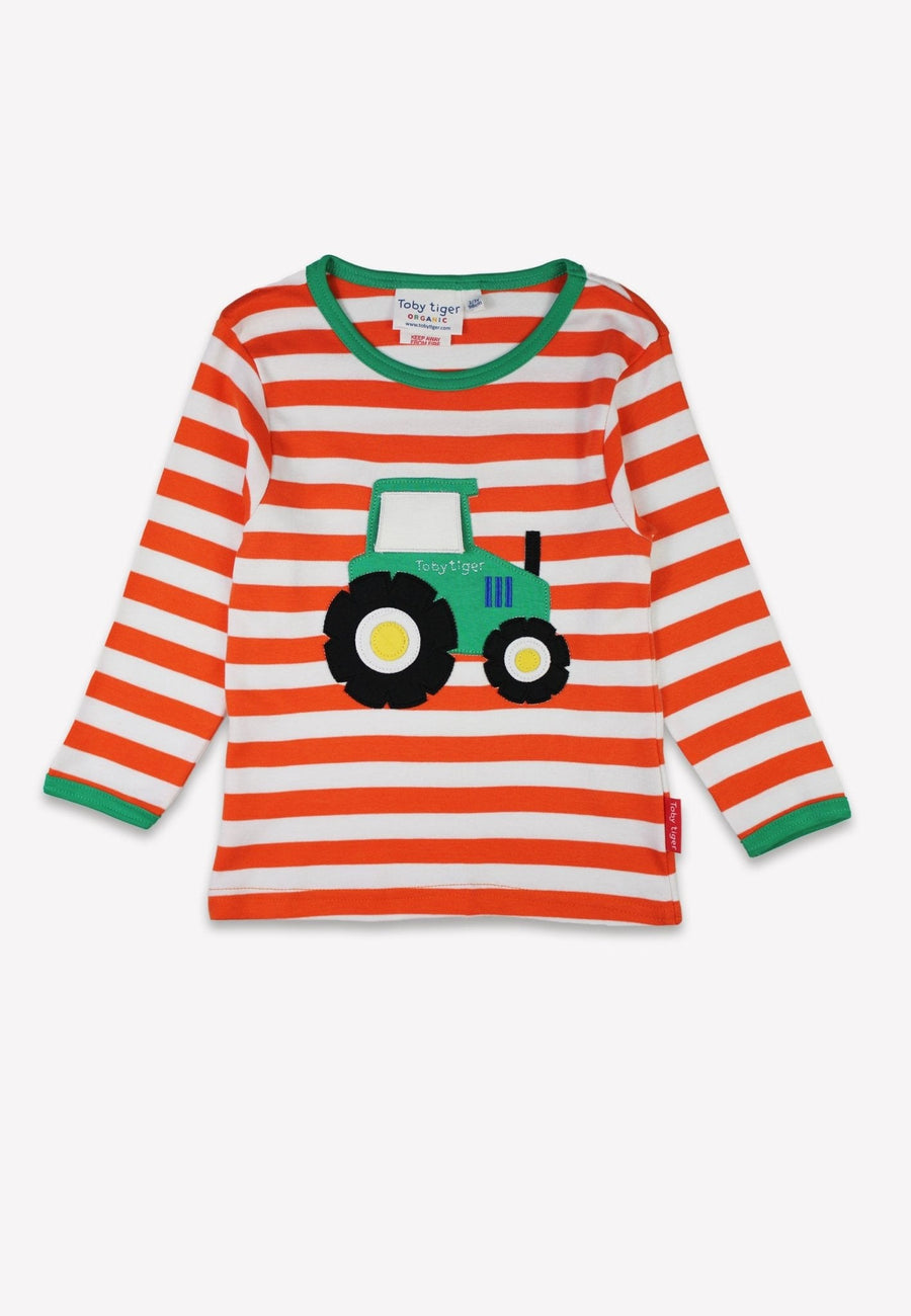 Premium organic cotton kids long sleeve shirt, stylish orange and white stripes with fun interactive tractor applique by Toby Tiger at brixbailey.com