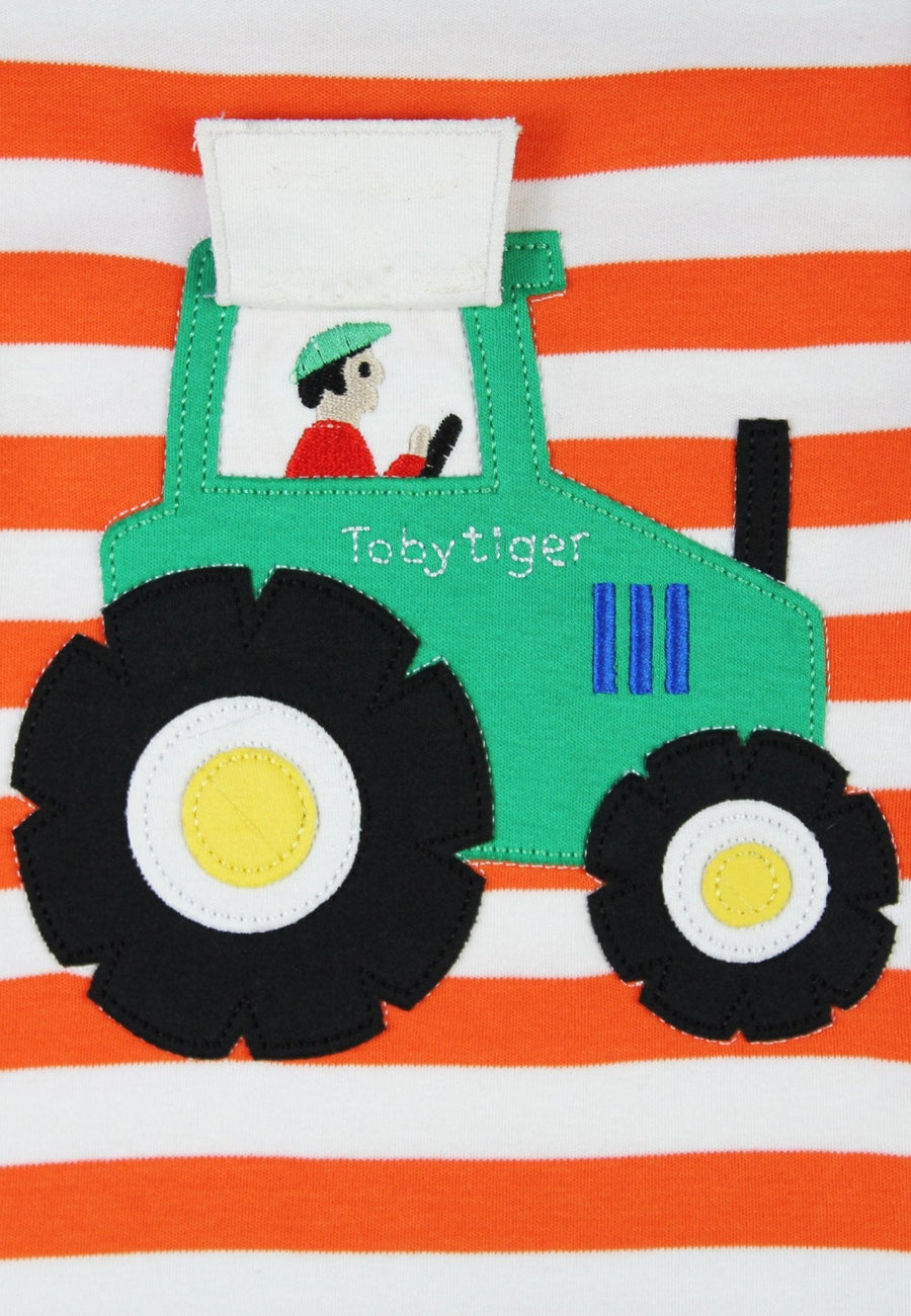 Premium organic cotton kids long sleeve shirt with interactive tractor applique, stylish orange and white stripes, GOTS certified by Toby Tiger at brixbailey.com