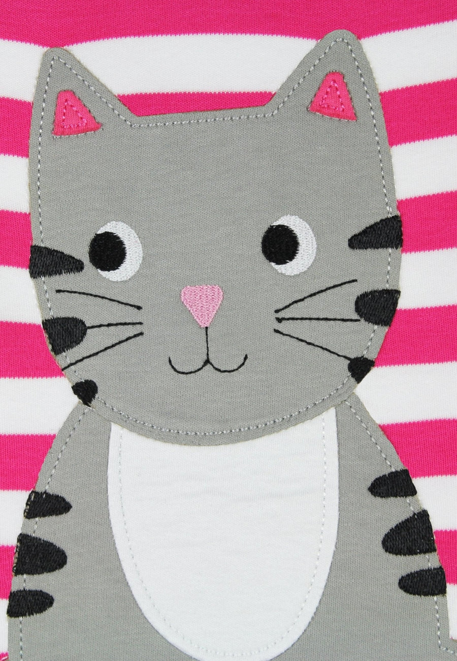 Premium organic cotton kids long sleeve shirt, pink striped with cute cat applique, GOTS certified, stylish and sustainable by Toby Tiger at brixbailey.com