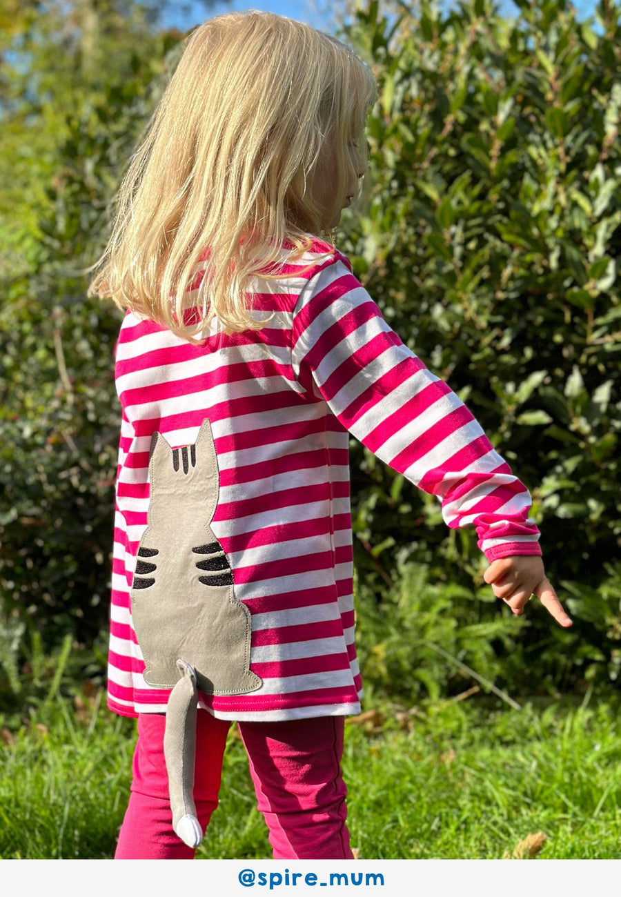 Premium organic cotton kids long sleeve shirt, pink striped with cute cat applique, GOTS certified, stylish and sustainable by Toby Tiger at brixbailey.com