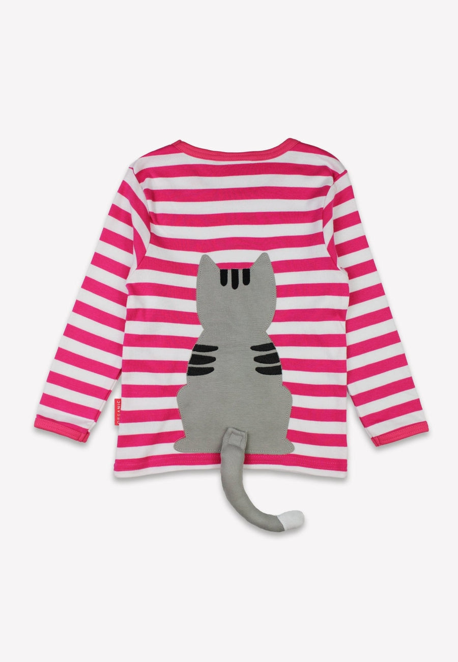 Premium organic cotton kids long sleeve shirt, pink striped with cute cat applique, GOTS certified, stylish and sustainable by Toby Tiger at brixbailey.com