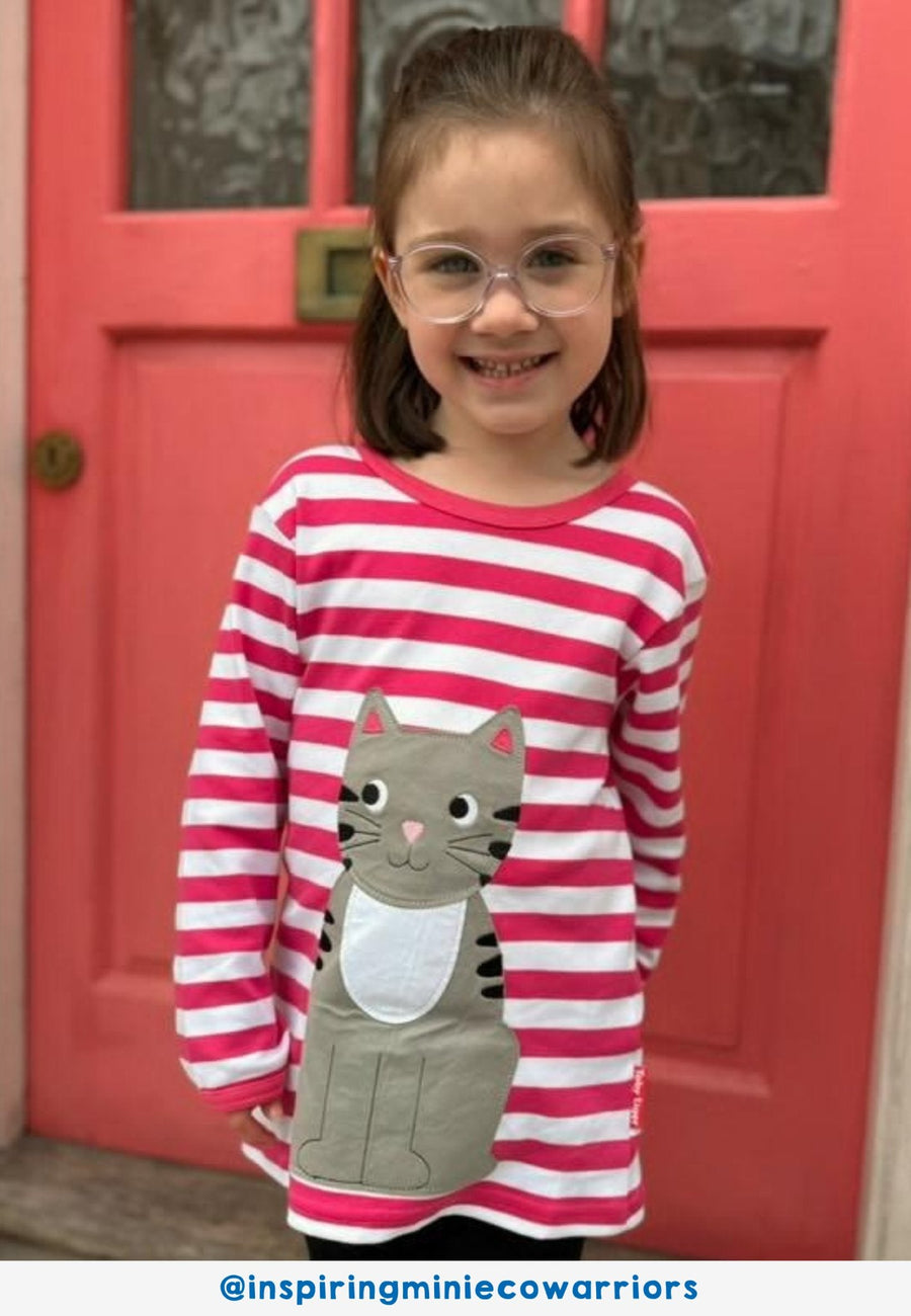 Premium organic cotton kids long sleeve shirt, pink with cute kitten applique, stylish striped design, GOTS certified by Toby Tiger at brixbailey.com