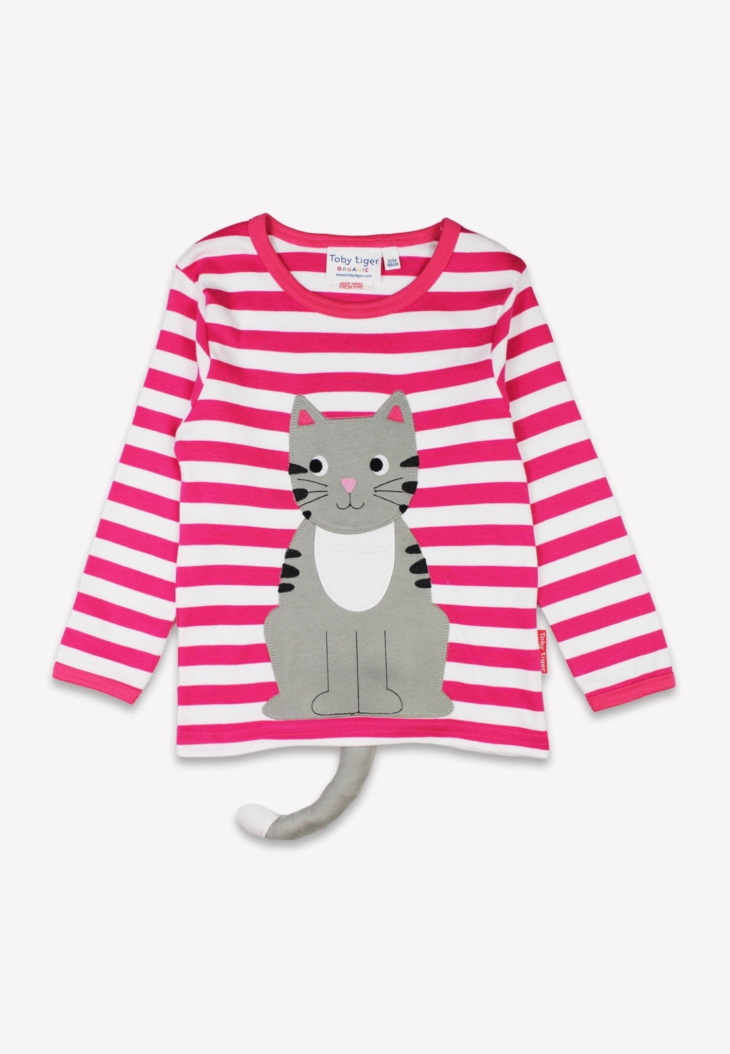 Premium organic cotton kids long sleeve shirt, pink and white striped with cute cat applique by Toby Tiger at brixbailey.com