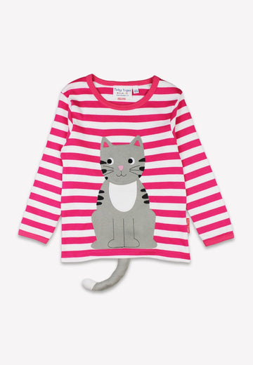 Premium organic cotton kids long sleeve shirt, pink and white striped with cute cat applique by Toby Tiger at brixbailey.com