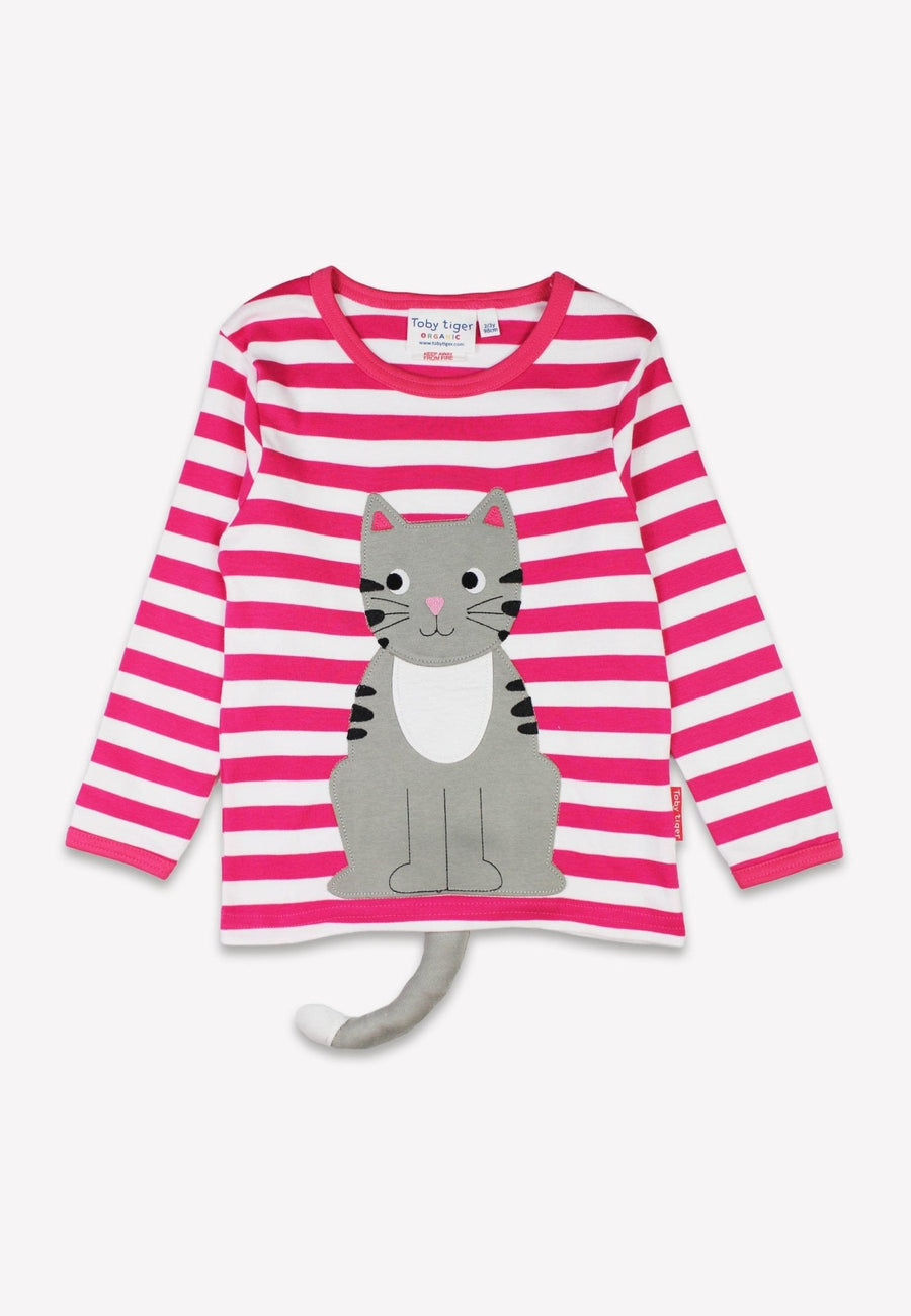 Premium organic cotton kids long sleeve shirt, pink and white striped with cute cat applique by Toby Tiger at brixbailey.com
