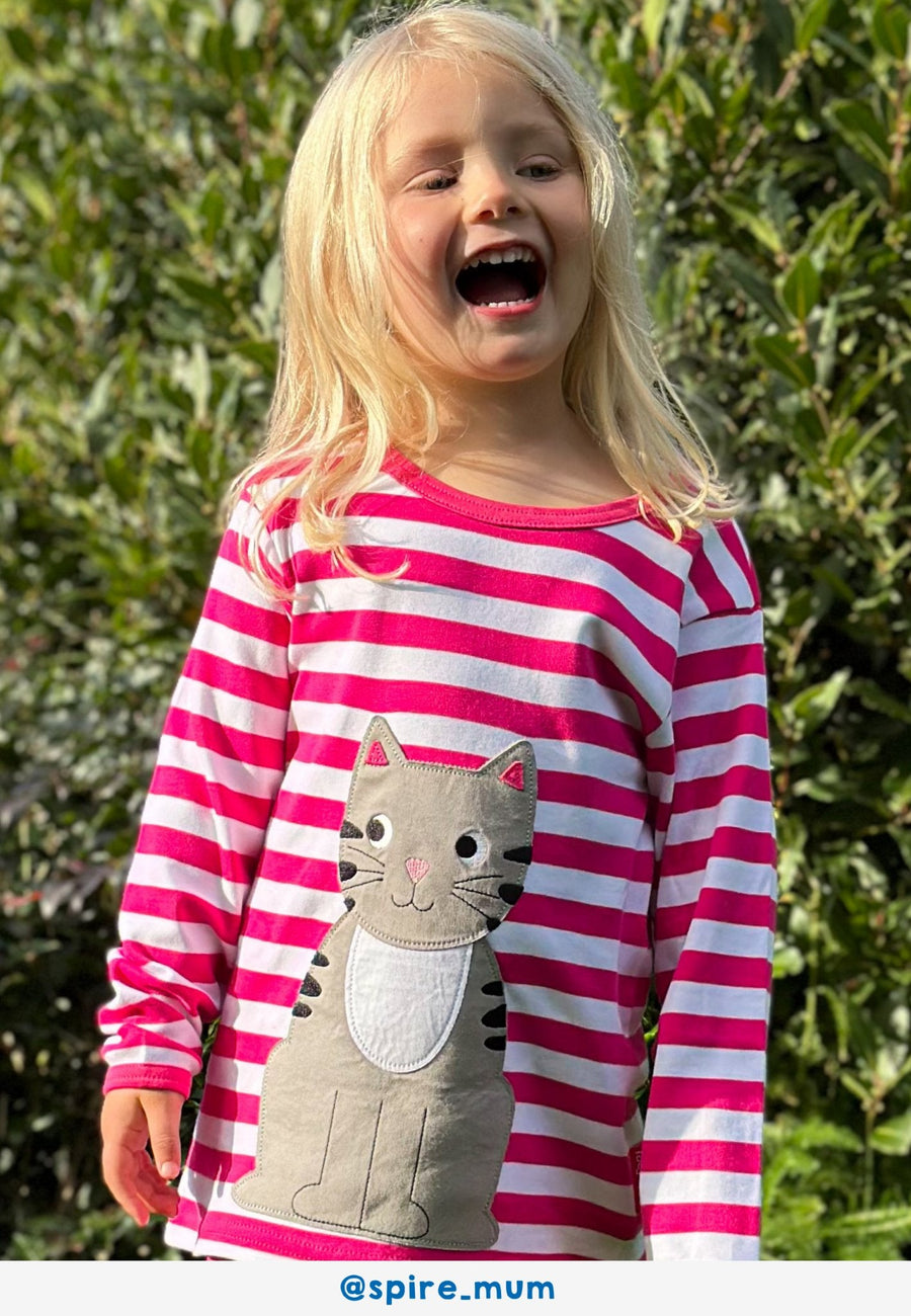 Premium organic cotton kids long sleeve shirt, pink with cute cat applique, stylish striped design, GOTS certified by Toby Tiger at brixbailey.com