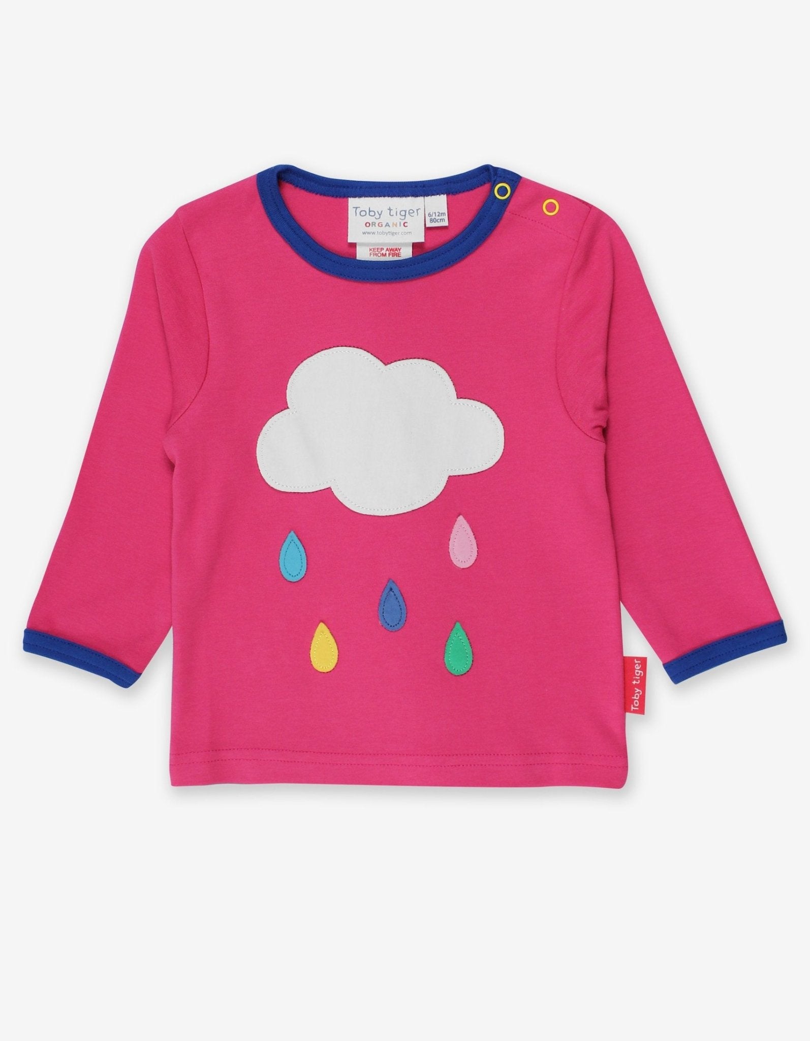 Vibrant Pink Organic Cotton Long-Sleeve Baby Shirt with Snap Buttons, Sustainable and Soft, GOTS Certified, Rainbow Cloud Design by Toby Tiger at brixbailey.com
