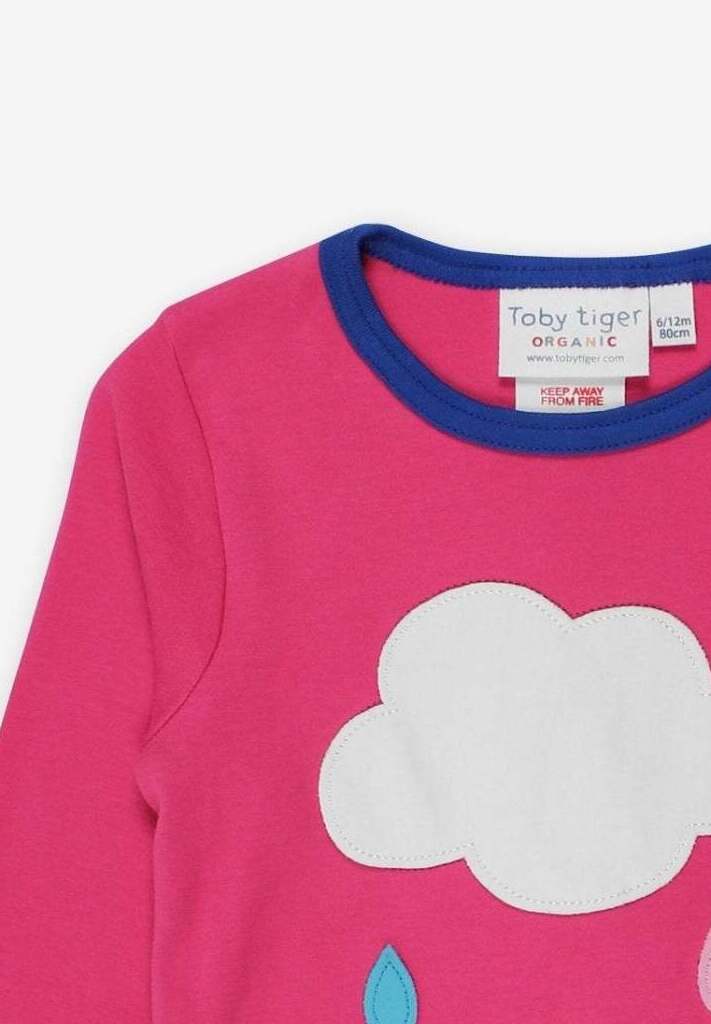 Vibrant Pink Organic Cotton Long Sleeve Baby Shirt with Snap Buttons, Sustainable GOTS Certified, Rainbow Cloud Print, 3-24 Months by Toby Tiger at brixbailey.com