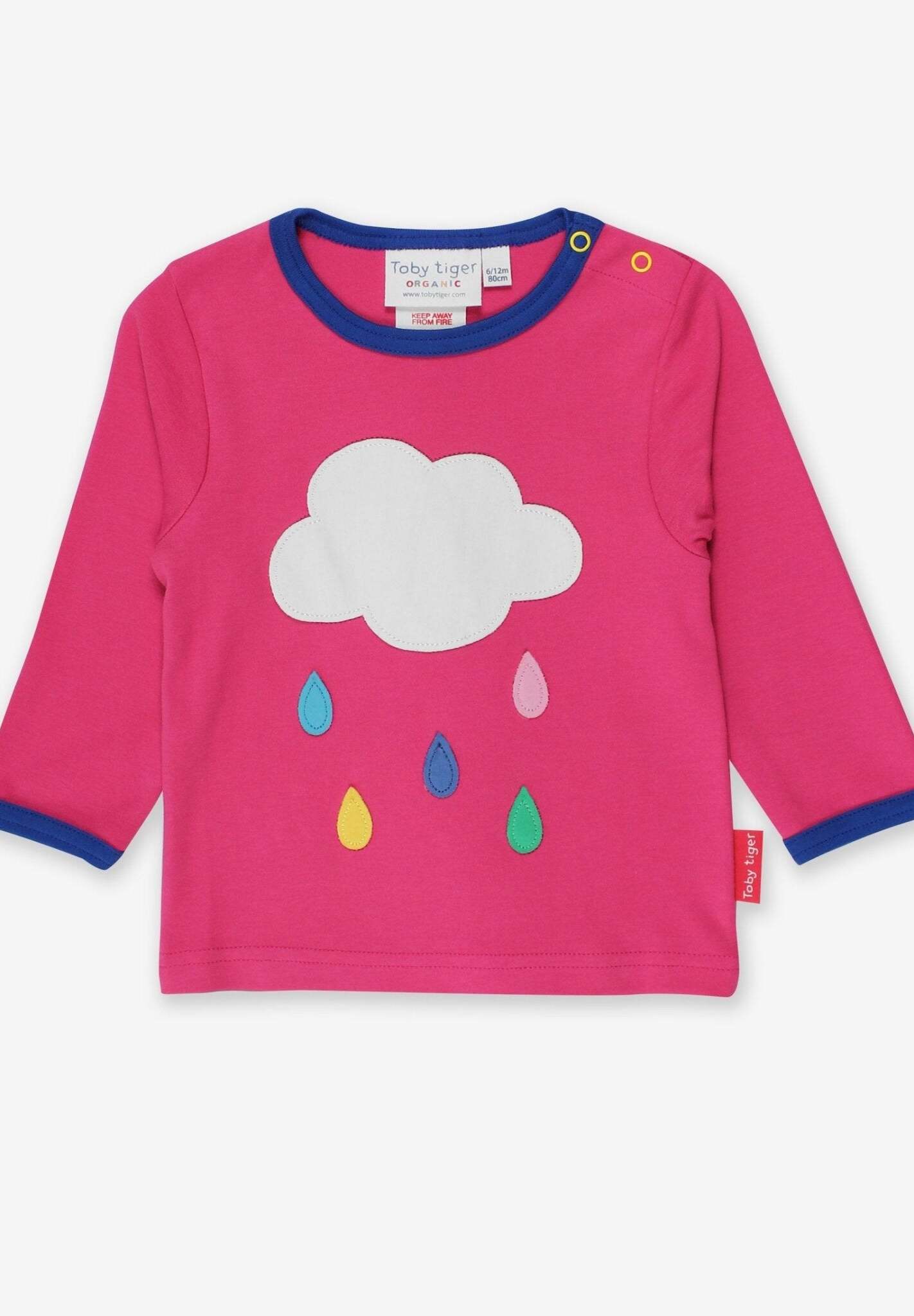 Vibrant Pink Organic Cotton Long-Sleeve Baby Top with Snap Buttons, Sustainable and Soft GOTS-Certified Rainbow Cloud Design by Toby Tiger at brixbailey.com