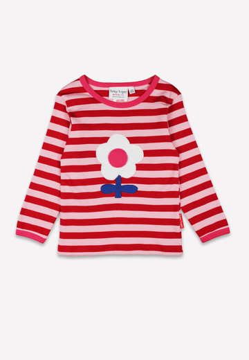 Vibrant Flower Power Pink Striped Organic Cotton Long Sleeve Shirt with Retro Floral Applique and Interactive Ladybug Flap by Toby Tiger at brixbailey.com