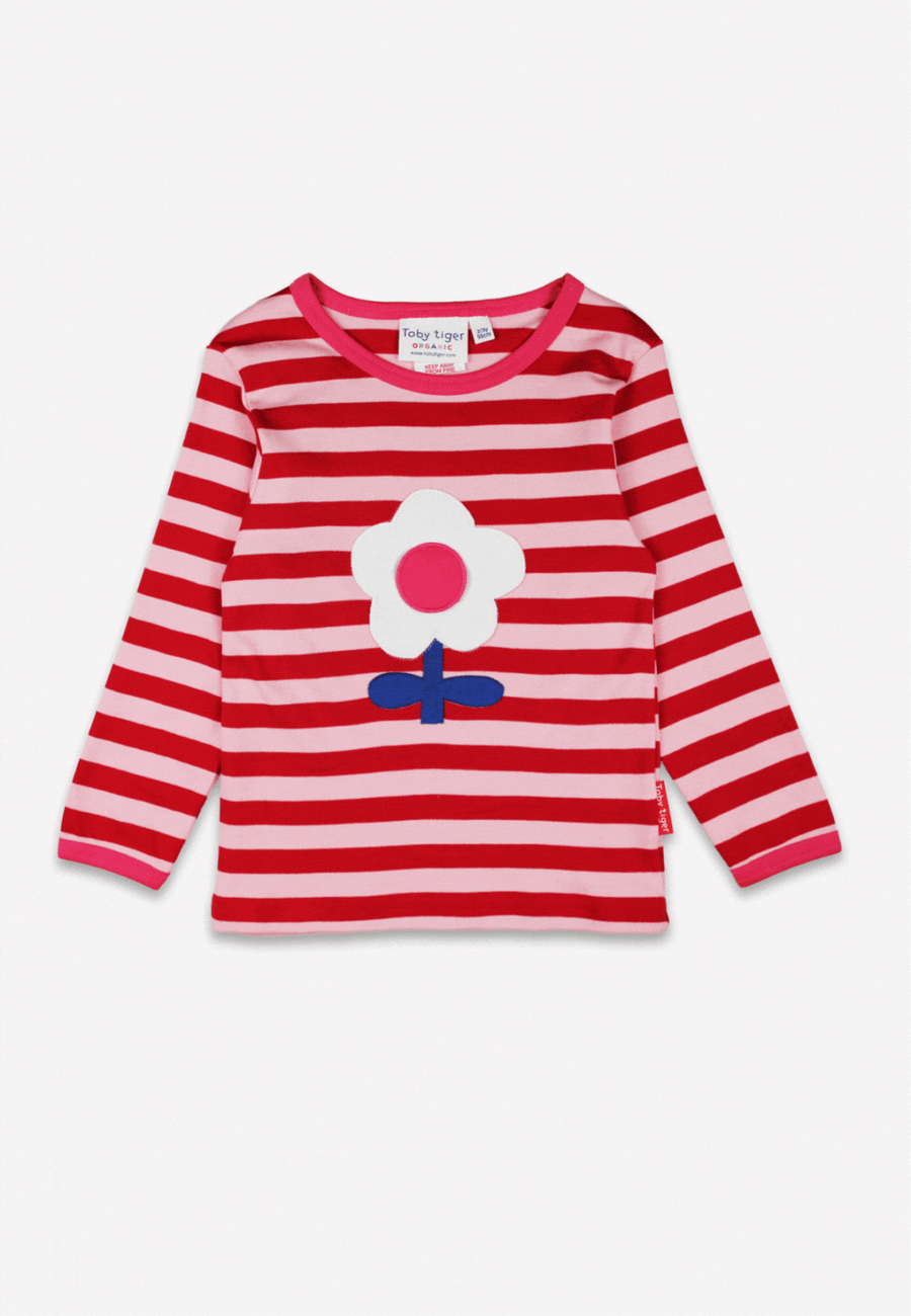 Vibrant Flower Power Pink Striped Organic Cotton Long Sleeve Shirt with Retro Floral Applique and Interactive Ladybug Flap by Toby Tiger at brixbailey.com