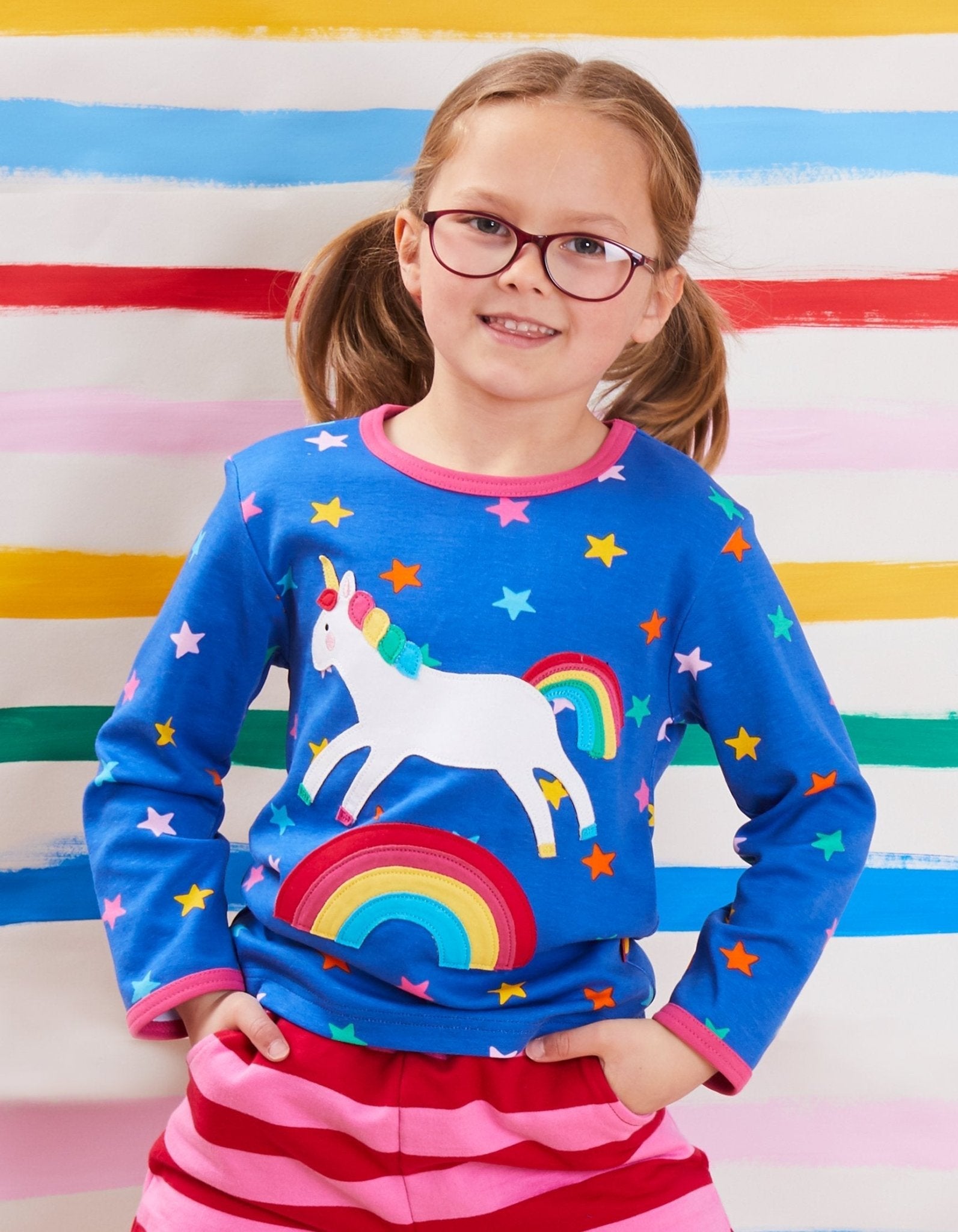 Luxury blue long sleeve baby shirt with unicorn and rainbow embroidery, soft organic cotton, snap buttons, magical starry sky design by Toby Tiger at brixbailey.com