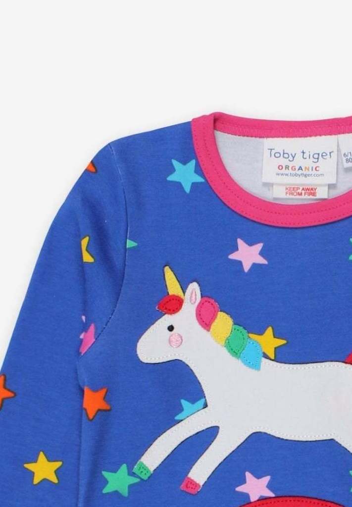 Luxury baby long sleeve shirt with unicorn and rainbow applique, soft organic cotton, snap neck closure, stylish and comfortable by Toby Tiger at brixbailey.com