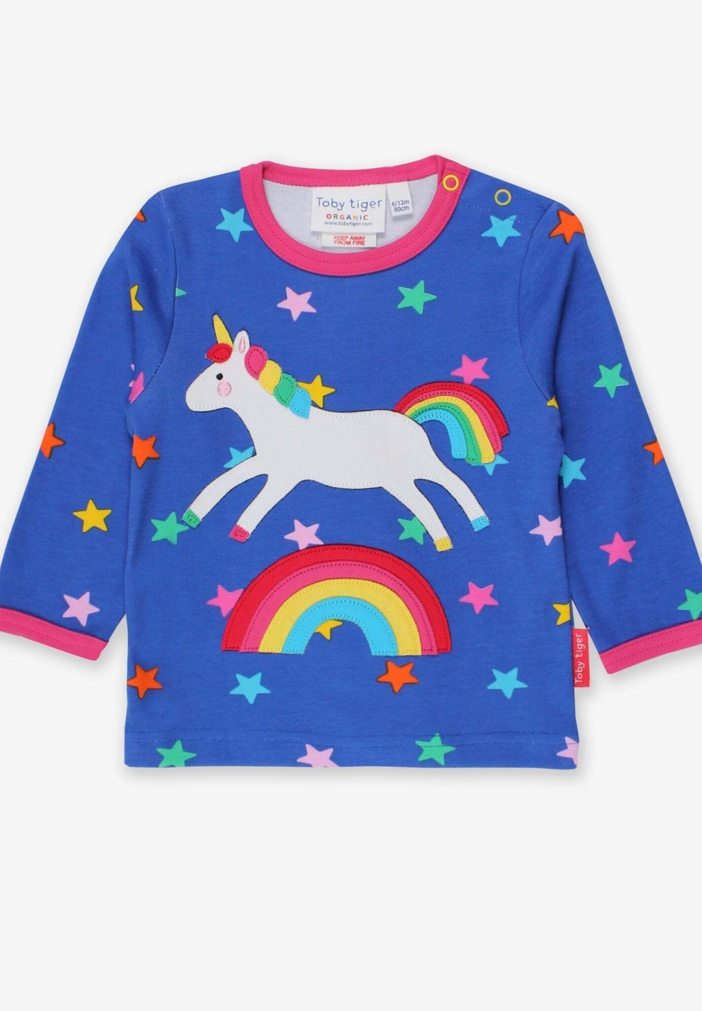 Luxury baby blue long sleeve shirt with unicorn and rainbow applique, premium organic cotton, soft GOTS certified fabric by Toby Tiger at brixbailey.com