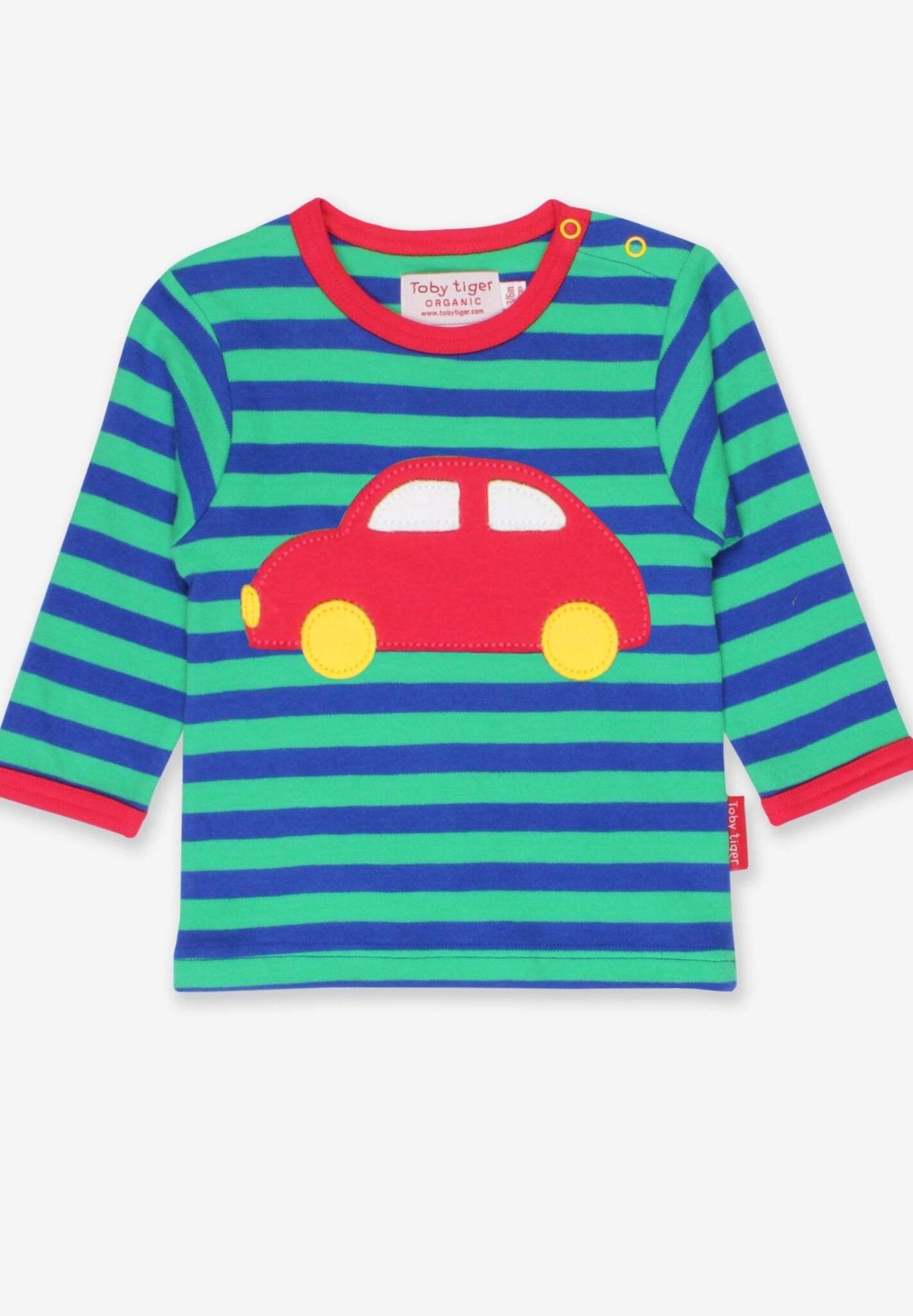 Premium Soft Striped Long-Sleeve Organic Cotton Kids Shirt with Red Car Applique, Sustainable and Machine Washable by Toby Tiger at brixbailey.com