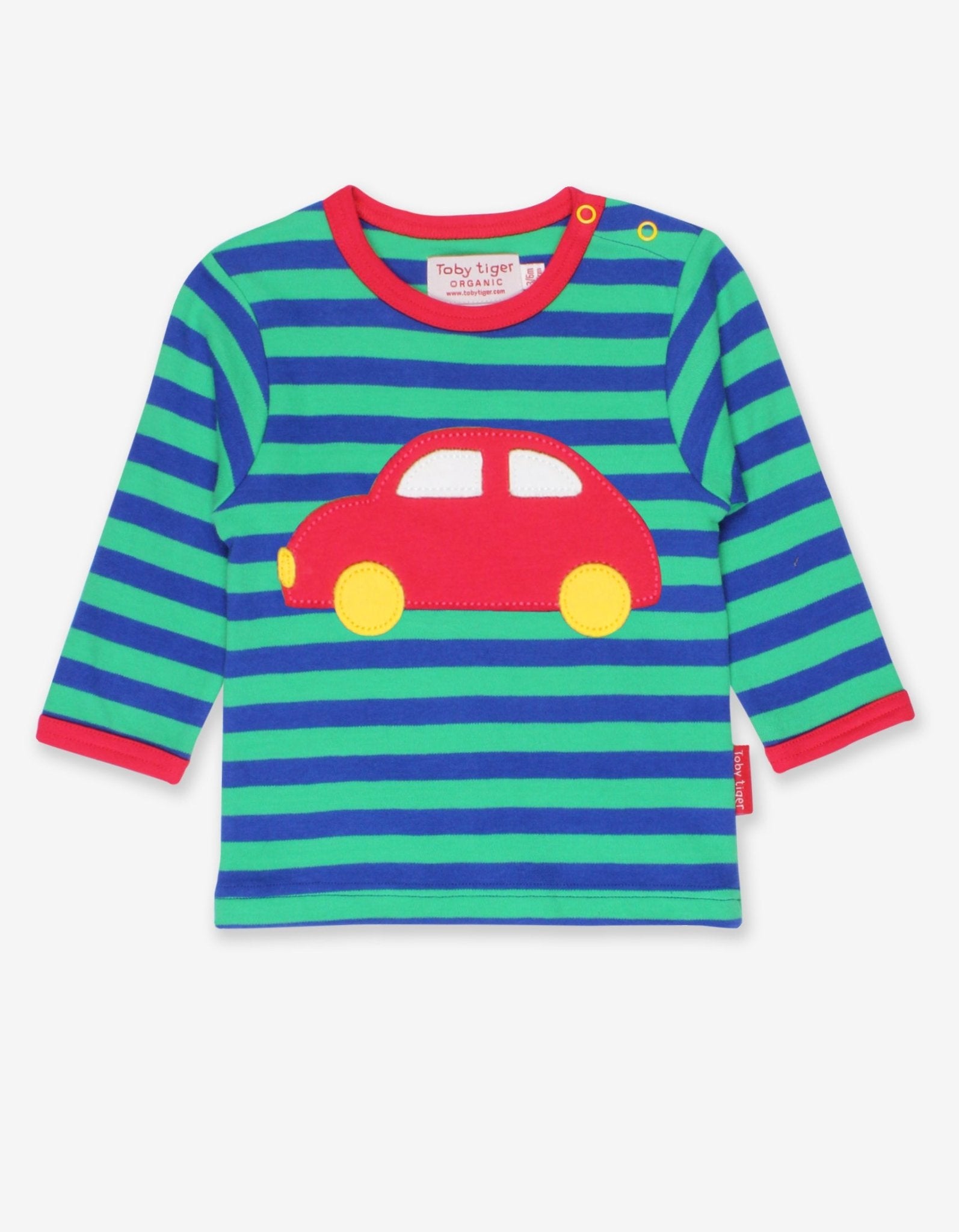 Premium Soft Striped Long-Sleeve Organic Cotton Shirt for Kids with Red Car Applique and Snap Buttons by Toby Tiger at brixbailey.com