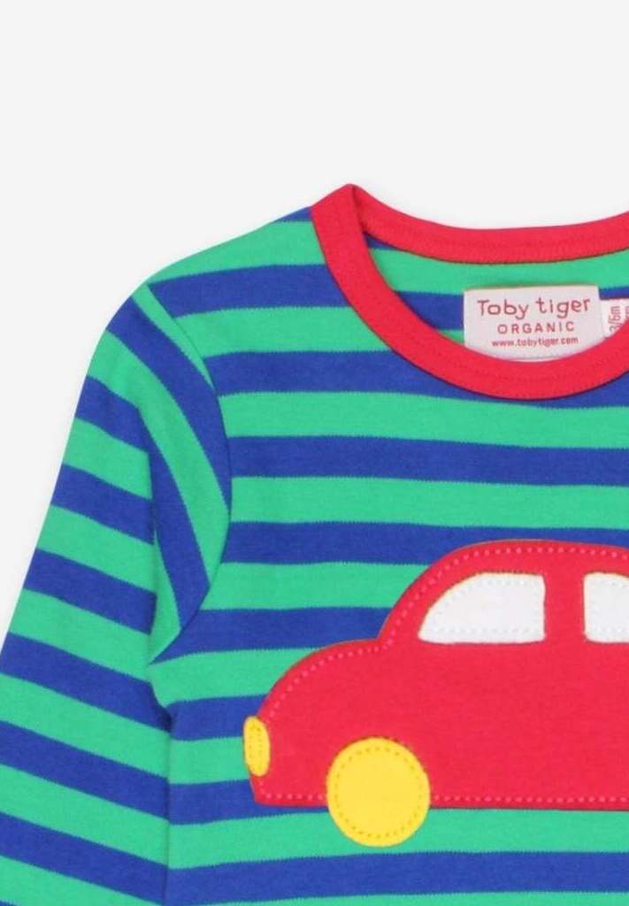 Premium Soft Striped Long-Sleeve Organic Cotton Kids Shirt with Red Car Applique, Sustainable GOTS-Certified Toddler Top with Snap Buttons by Toby Tiger at brixbailey.com