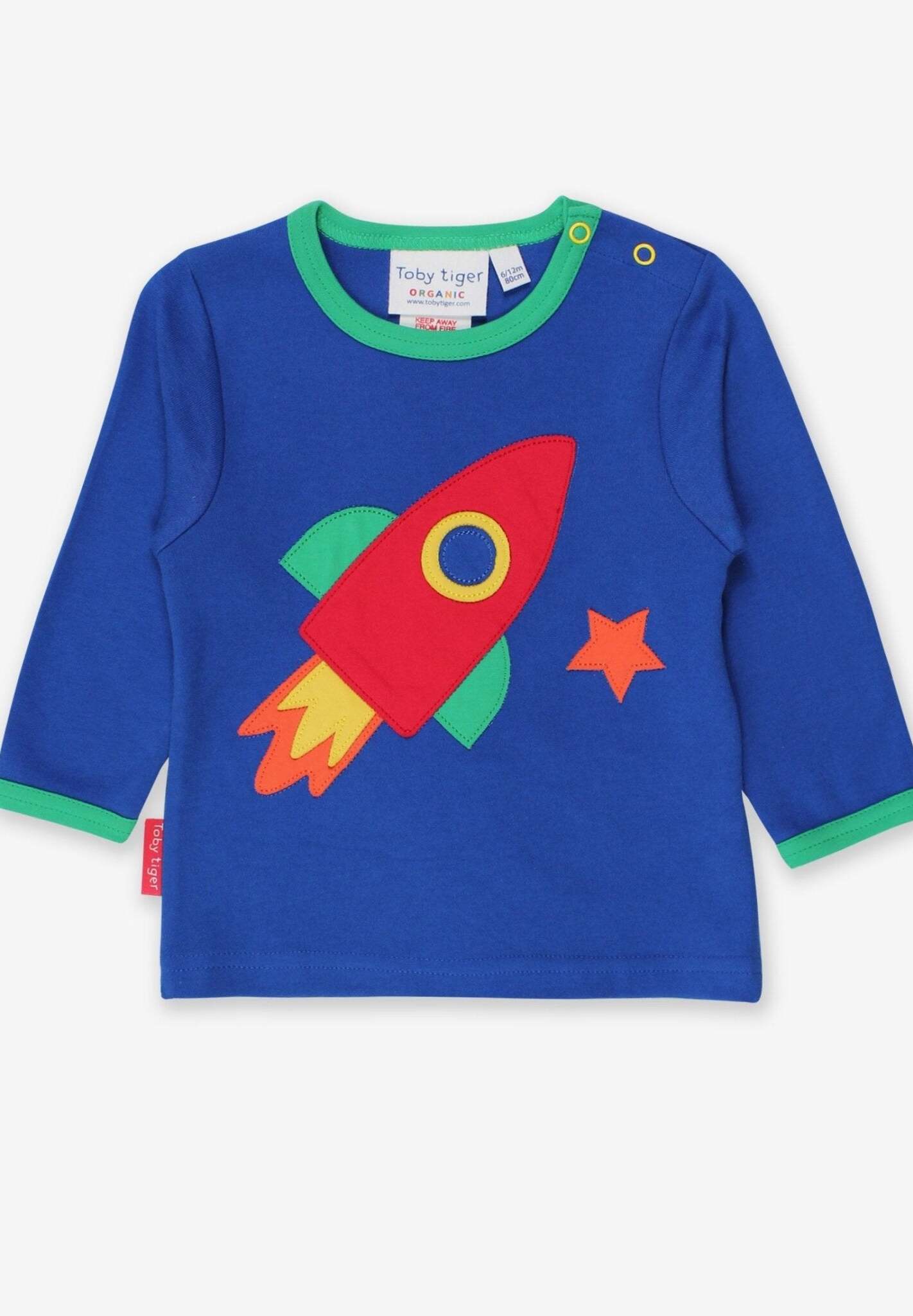 Stylish Blue Long Sleeve Baby Shirt with Colorful Rocket Applique and Planet Print, GOTS Certified Organic Cotton by Toby Tiger at brixbailey.com