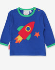 Stylish Blue Long Sleeve Baby Shirt with Colorful Rocket Applique and Planet Print, GOTS Certified Organic Cotton by Toby Tiger at brixbailey.com