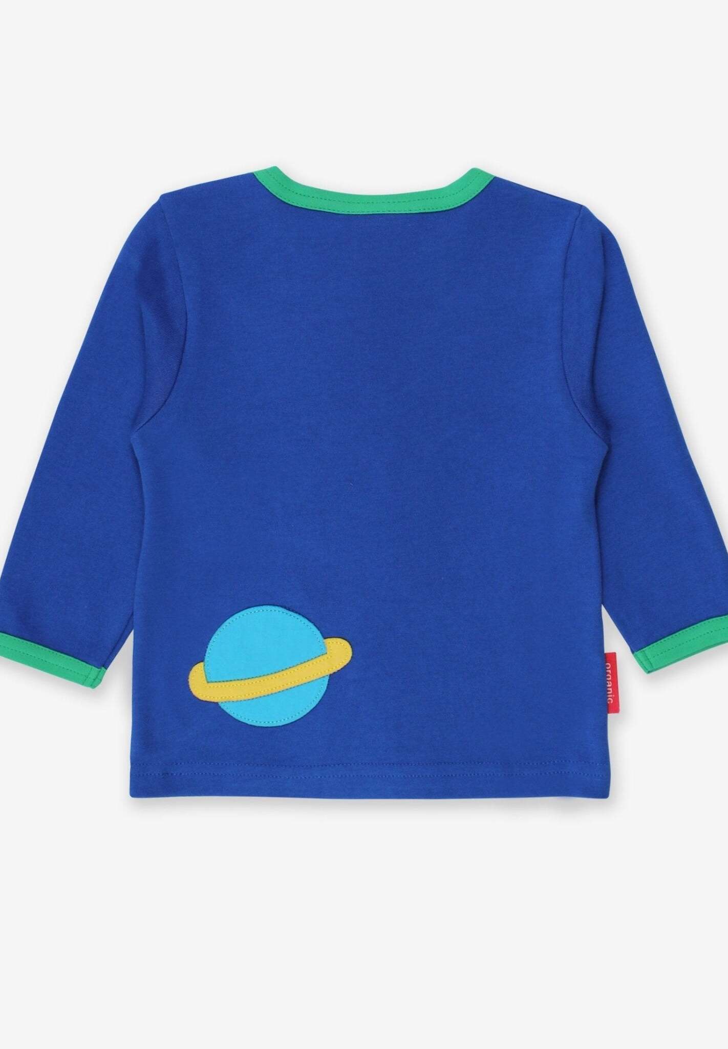 Stylish Blue Long-Sleeve Baby Shirt with Colorful Rocket Applique and Planet Print, Soft Organic Cotton by Toby Tiger at brixbailey.com
