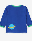 Stylish Blue Long-Sleeve Baby Shirt with Colorful Rocket Applique and Planet Print, Soft Organic Cotton by Toby Tiger at brixbailey.com