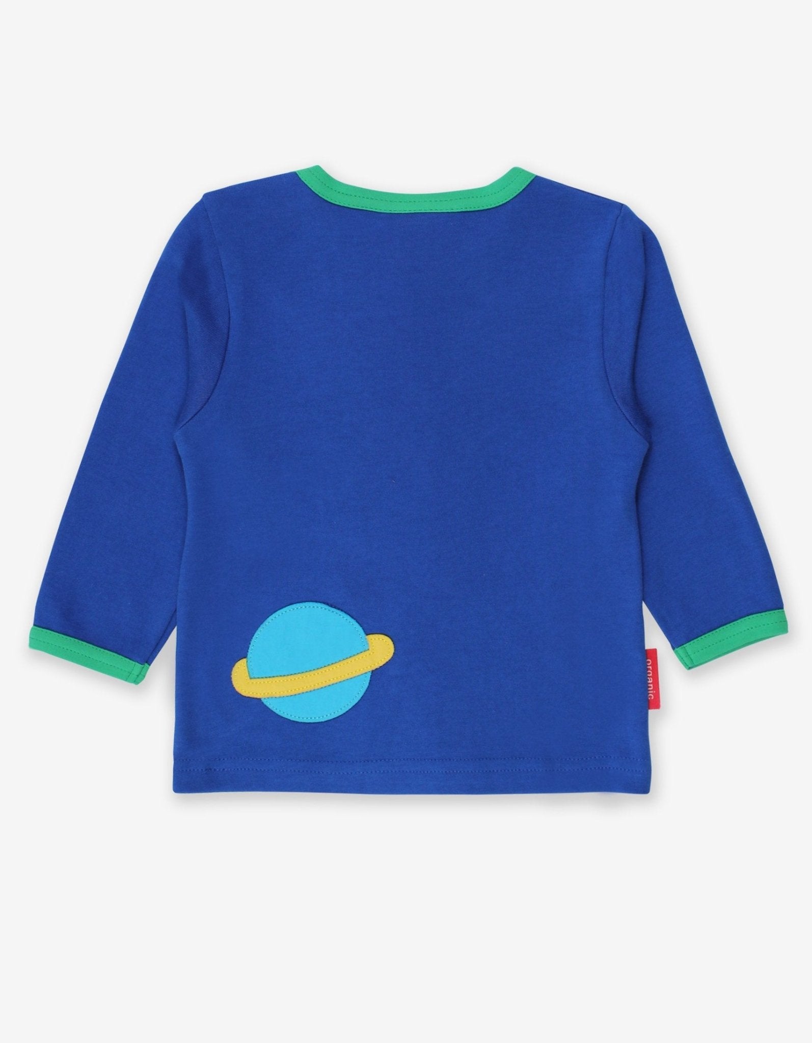 Stylish Blue Long Sleeve Baby Shirt with Colorful Rocket Applique and Planet Design, GOTS Certified Organic Cotton by Toby Tiger at brixbailey.com