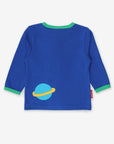 Stylish Blue Long Sleeve Baby Shirt with Colorful Rocket Applique and Planet Design, GOTS Certified Organic Cotton by Toby Tiger at brixbailey.com