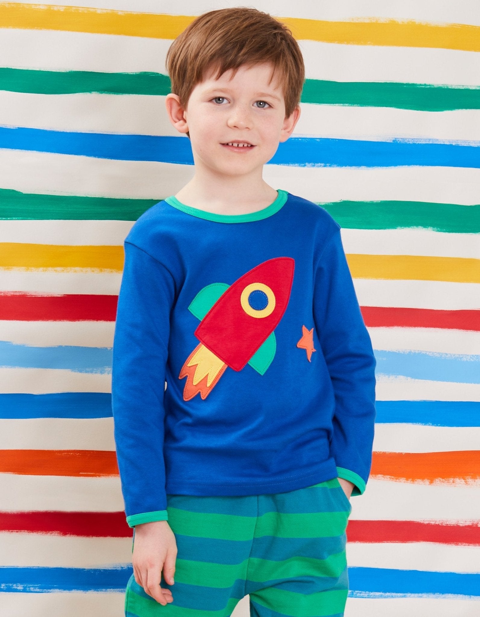 Stylish Blue Long Sleeve Baby Shirt with Colorful Rocket Applique and Planet Print, GOTS Certified Organic Cotton by Toby Tiger at brixbailey.com
