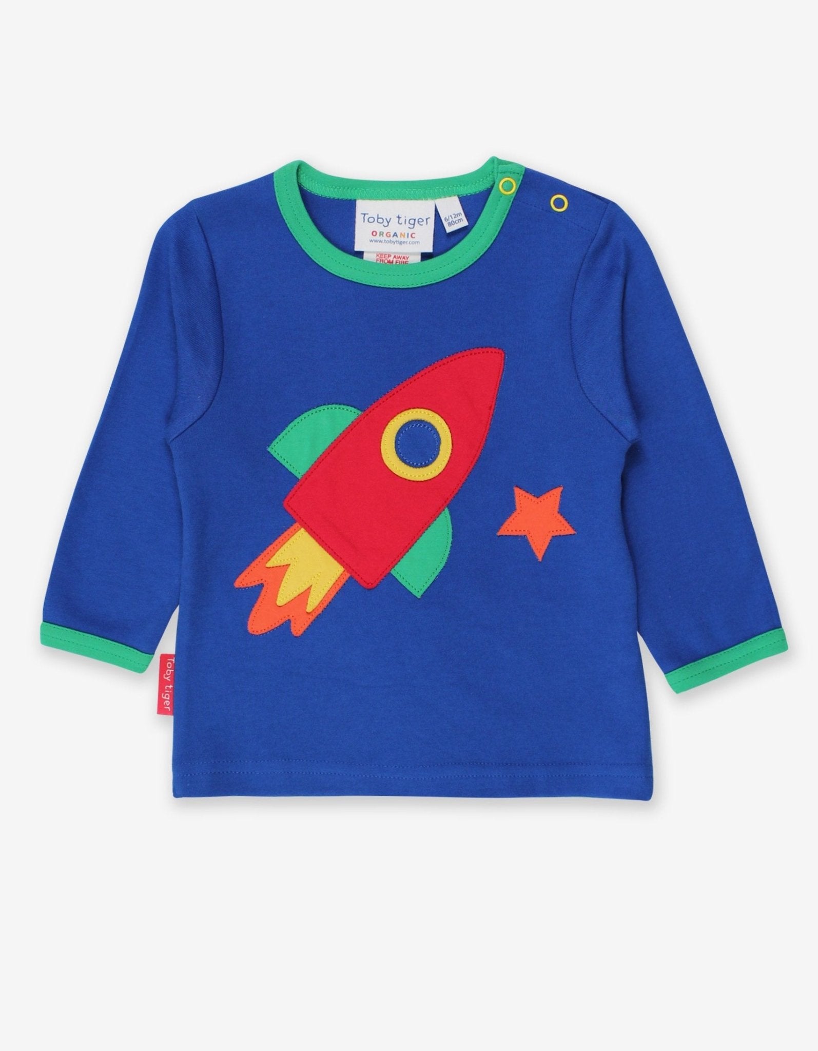Stylish Blue Long Sleeve Baby Shirt with Colorful Rocket Applique and Planet Design, Soft Organic Cotton by Toby Tiger at brixbailey.com