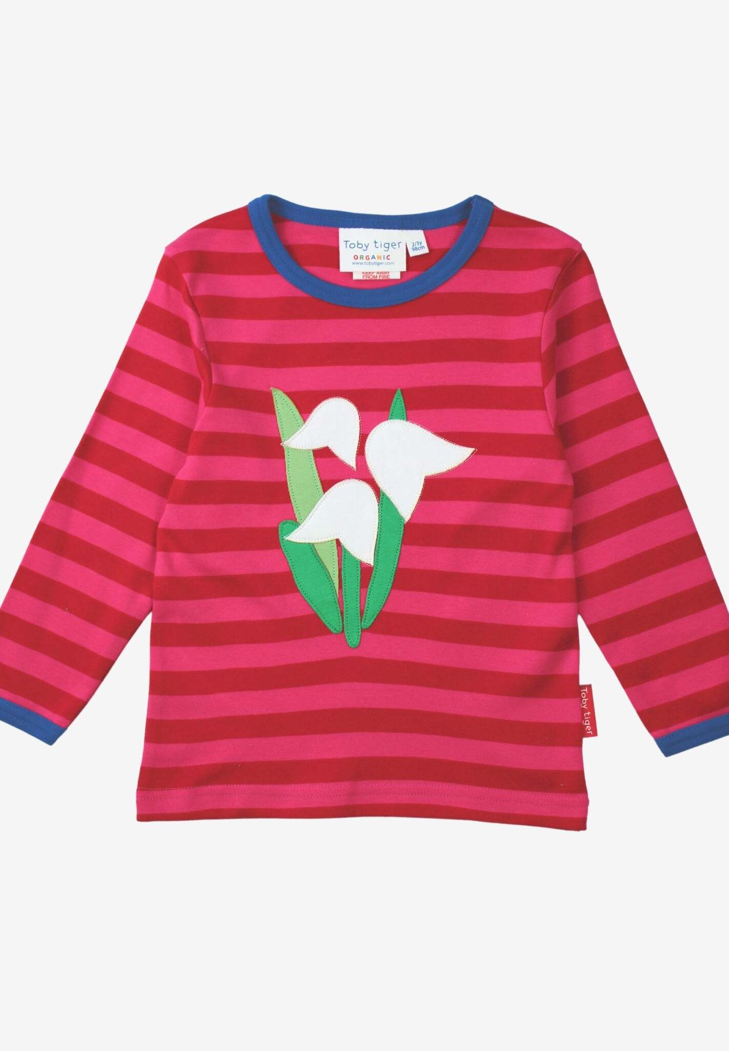 Luxury pink striped long sleeve shirt with dark blue trim and snowdrop applique, premium organic cotton baby outfit by Toby Tiger at brixbailey.com