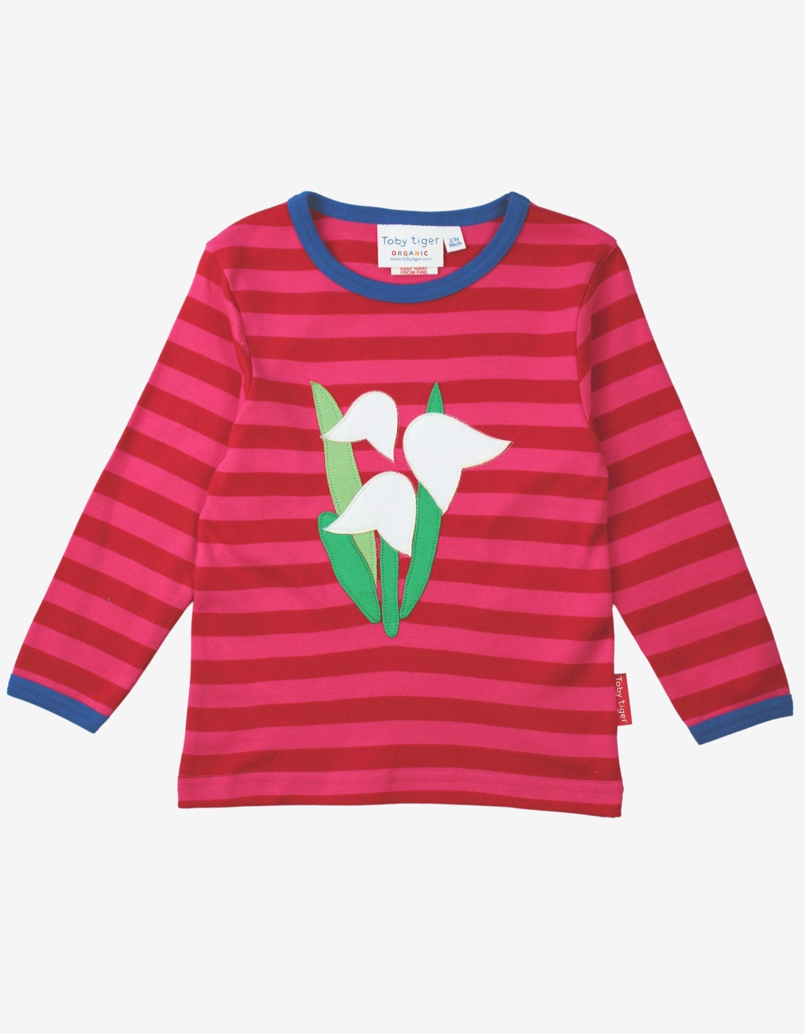 Luxury dark blue and pink striped long sleeve baby shirt with snowdrop applique, premium organic cotton by Toby Tiger at brixbailey.com
