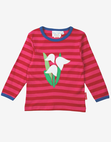 Luxury dark blue and pink striped long sleeve baby shirt with snowdrop applique, premium organic cotton by Toby Tiger at brixbailey.com