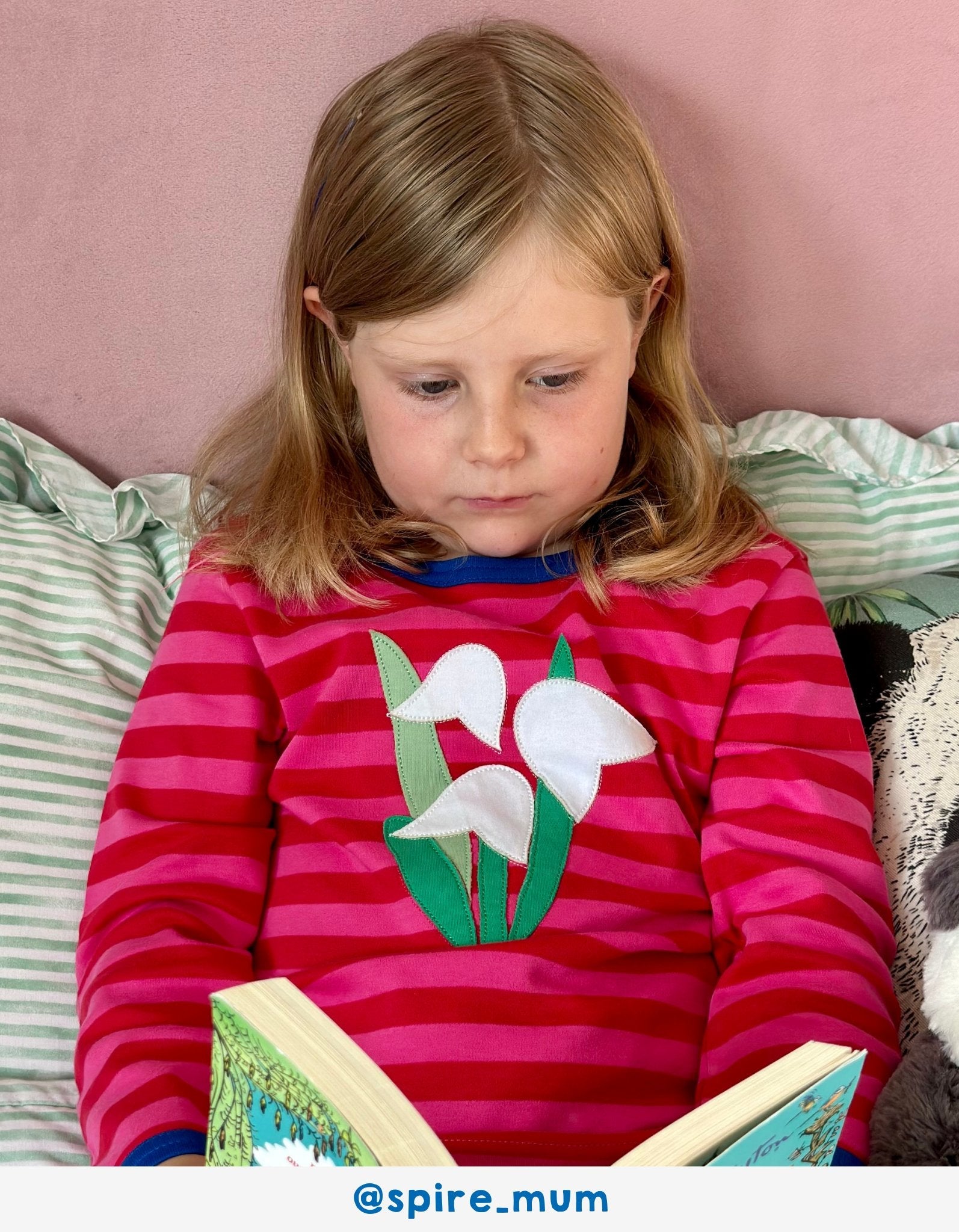 Luxury pink striped long sleeve baby shirt with snowdrop applique, dark blue trim, premium organic cotton by Toby Tiger at brixbailey.com