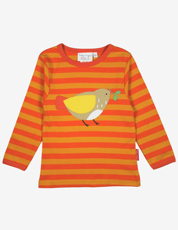 Bright orange and white striped premium organic cotton long sleeve baby shirt with yellow trim and stylish sparrow applique by Toby Tiger at brixbailey.com