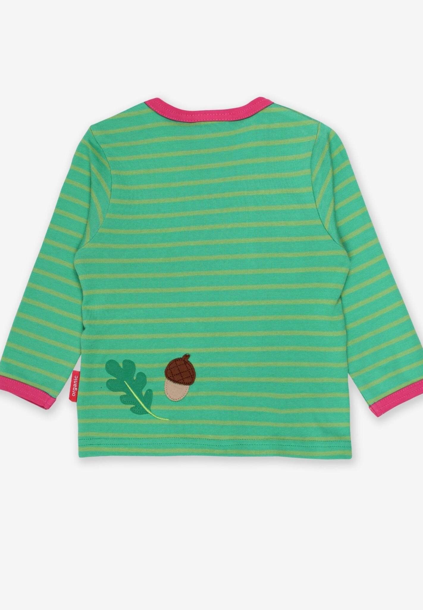 Adorable Squirrel Print Green Long Sleeve Organic Cotton Baby Shirt with Snap Buttons and Pink Trim by Toby Tiger at brixbailey.com