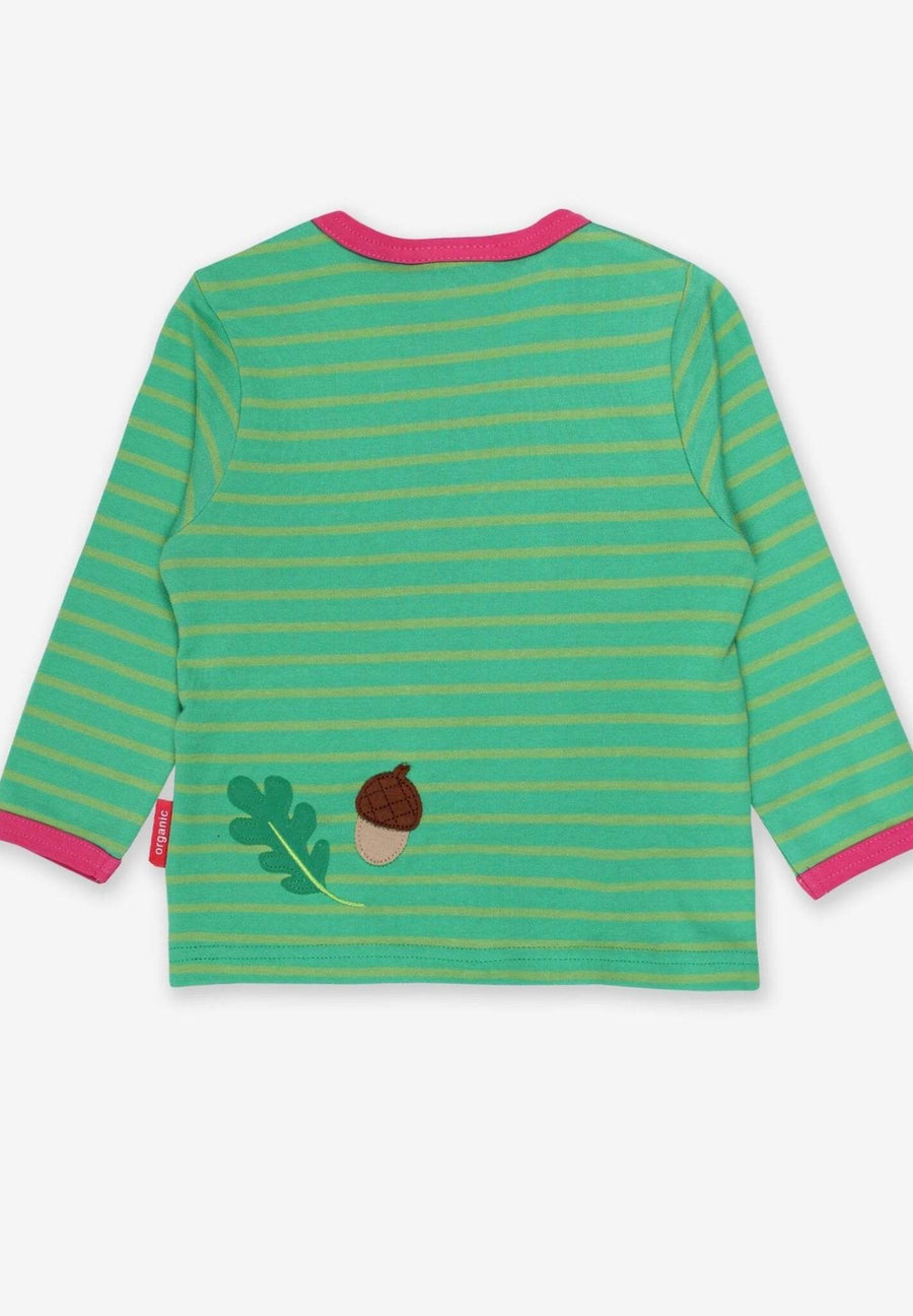 Adorable Squirrel Print Green Long Sleeve Organic Cotton Baby Shirt with Snap Buttons and Pink Trim by Toby Tiger at brixbailey.com