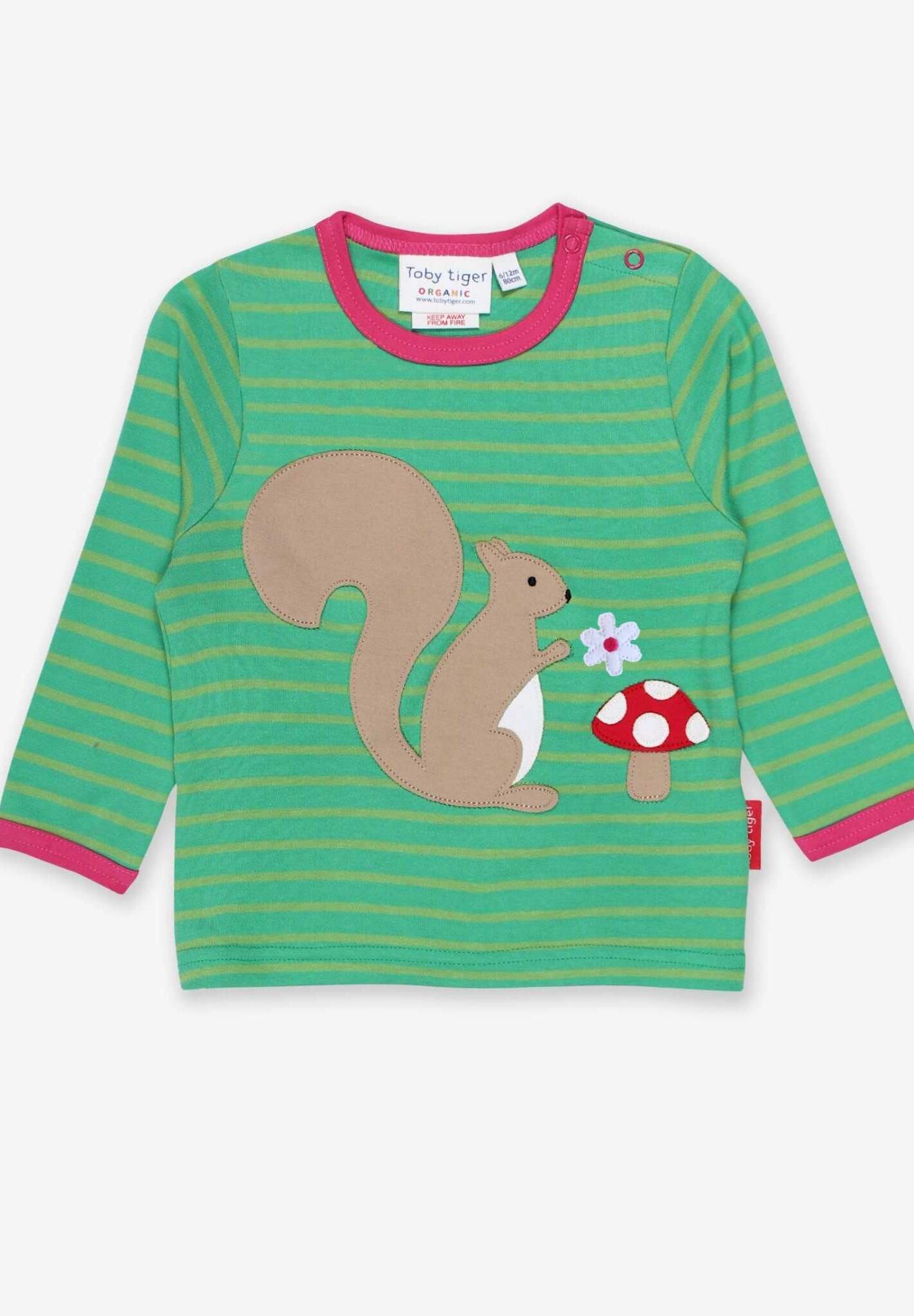 Adorable Squirrel Print Organic Cotton Long Sleeve Baby Shirt with Snap Buttons and Pink Trim by Toby Tiger at brixbailey.com
