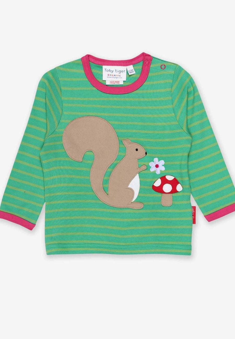 Adorable Squirrel Print Organic Cotton Long Sleeve Baby Shirt with Snap Buttons and Pink Trim by Toby Tiger at brixbailey.com
