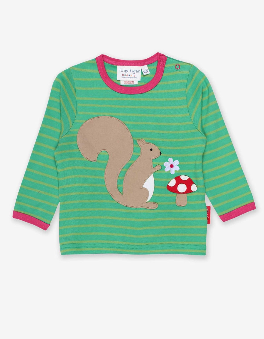 Adorable Squirrel Print Green Long Sleeve Organic Cotton Baby Shirt with Snap Buttons and Pink Trim by Toby Tiger at brixbailey.com