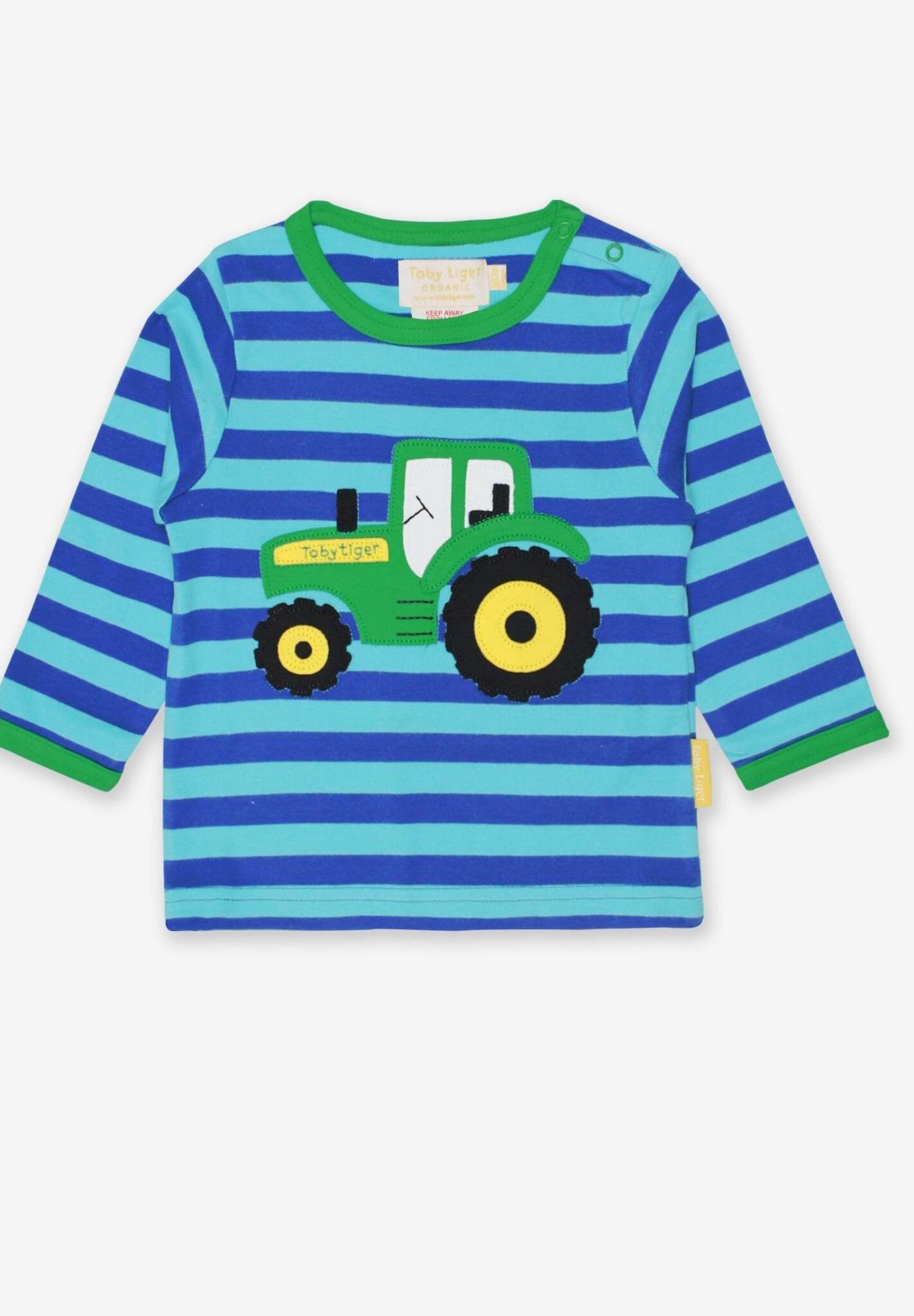Premium Striped Long Sleeve Organic Cotton Kids Shirt with Tractor Applique, Soft GOTS Certified Eco-Friendly Fabric by Toby Tiger at brixbailey.com