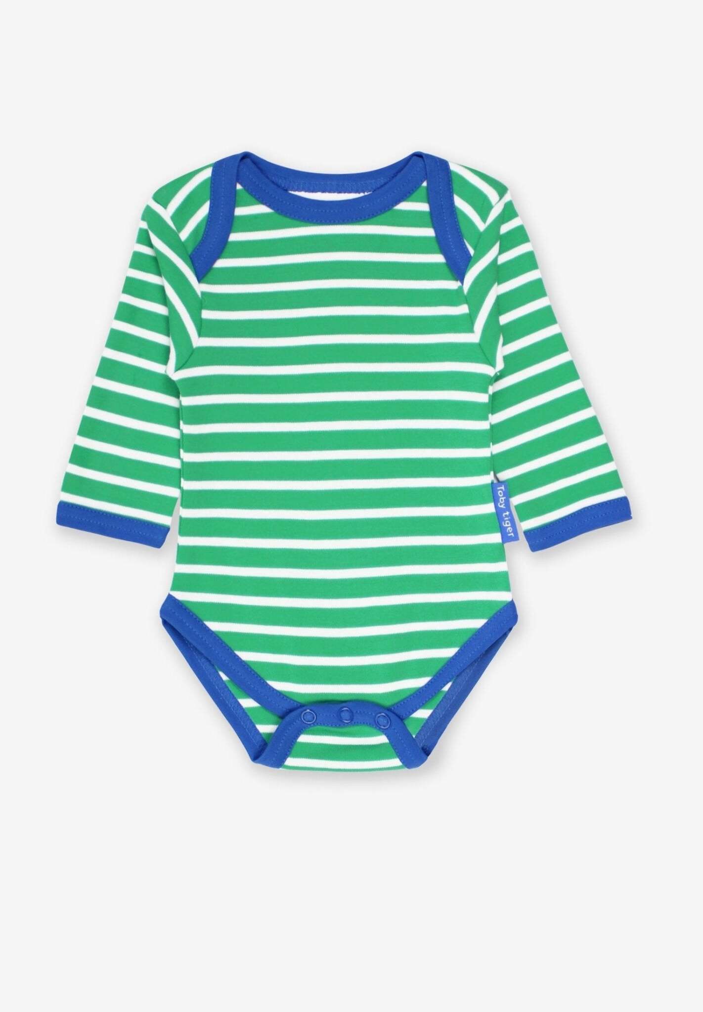 Premium Green and White Striped Long Sleeve Baby Bodysuit with Snap Buttons and Slip Neck, 100% GOTS Organic Cotton by Toby Tiger at brixbailey.com