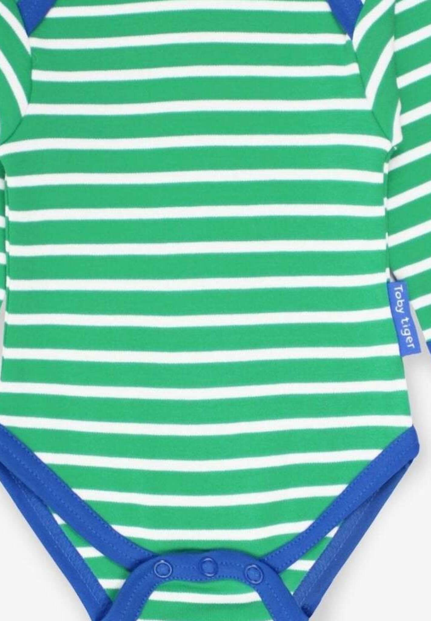 Premium Green and White Striped Long Sleeve Baby Bodysuit with Snap Buttons and Slip Neck, GOTS Certified Organic Cotton by Toby Tiger at brixbailey.com