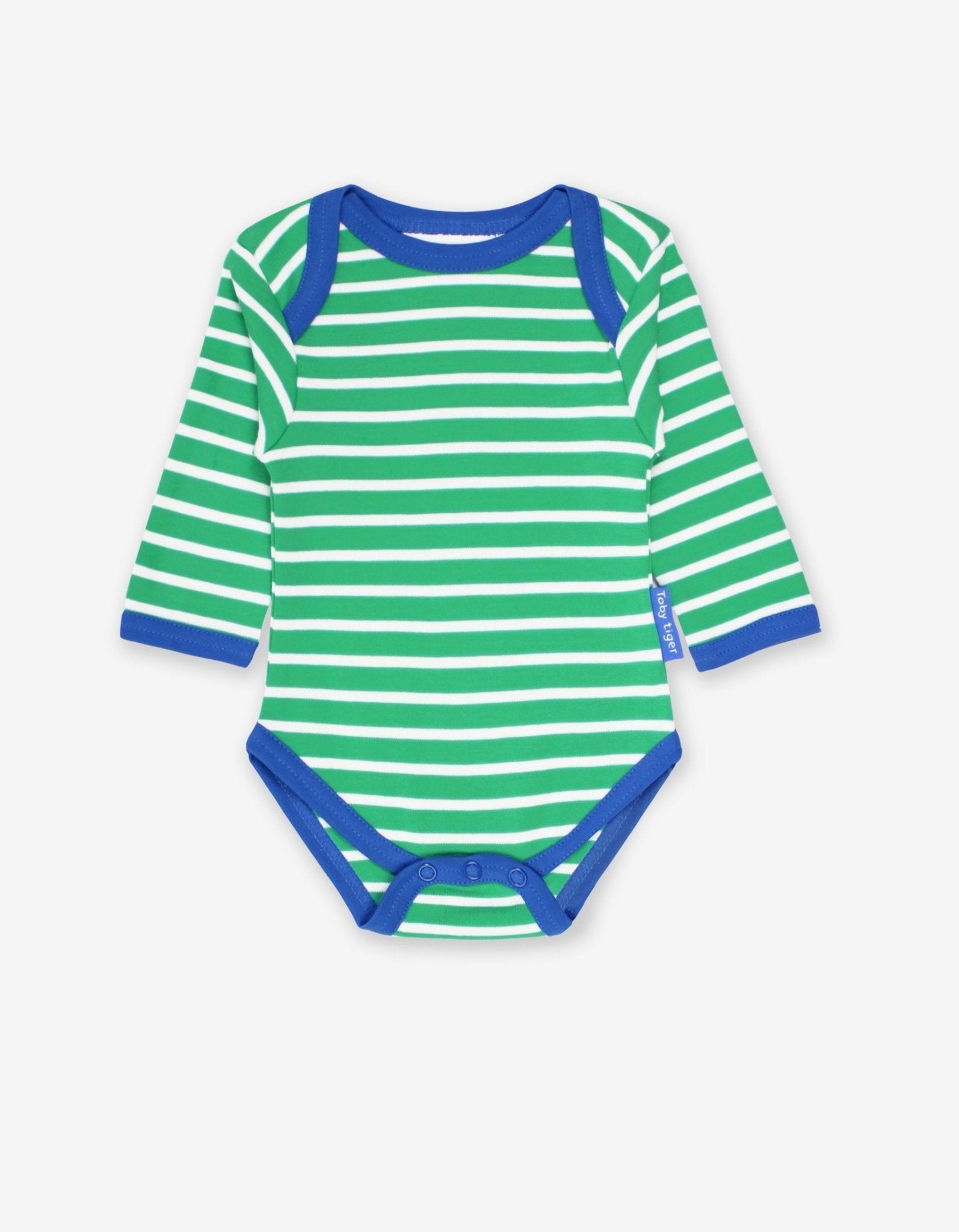 Premium Green and White Striped Long Sleeve Baby Bodysuit with Snap Buttons and Slip Neck, GOTS Certified Organic Cotton by Toby Tiger at brixbailey.com
