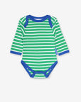 Premium Green and White Striped Long Sleeve Baby Bodysuit with Snap Buttons and Slip Neck, GOTS Certified Organic Cotton by Toby Tiger at brixbailey.com