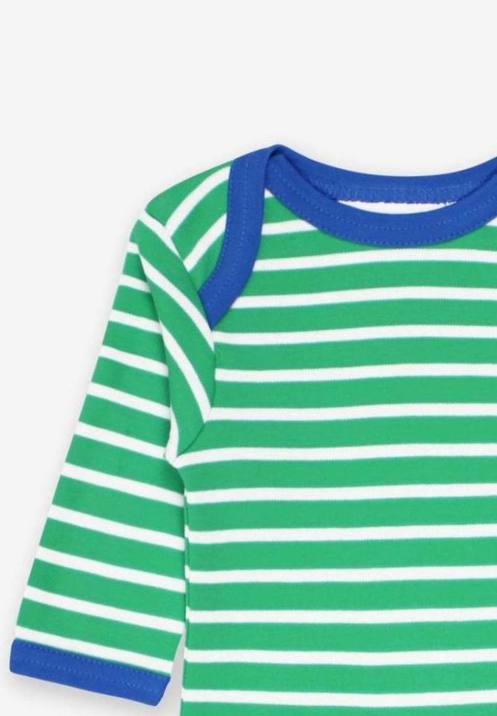 Premium Green and White Striped Long Sleeve Baby Bodysuit with Snap Buttons and Slip Neck, GOTS Certified Organic Cotton by Toby Tiger at brixbailey.com