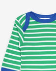 Premium Green and White Striped Long Sleeve Baby Bodysuit with Snap Buttons and Slip Neck, GOTS Certified Organic Cotton by Toby Tiger at brixbailey.com