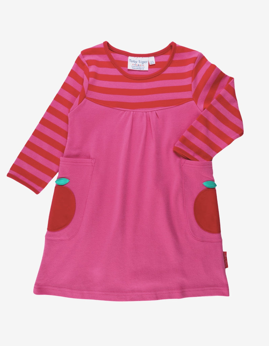 Long Sleeve Organic Kids Dress with Fun Apple Appliques and Pink Pockets by Toby Tiger at brixbailey.com