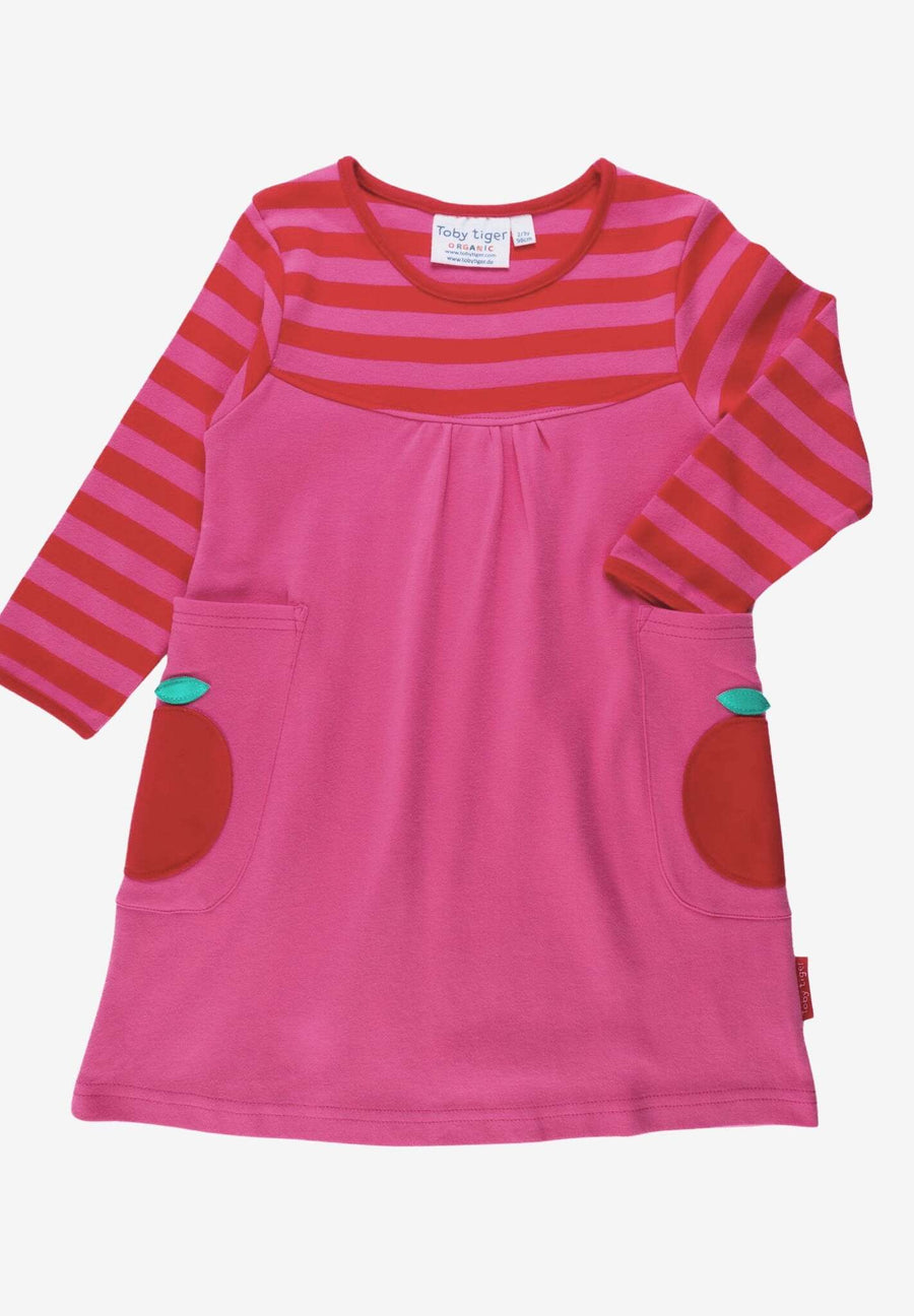 Organic Kids Dress with Fun Apple Appliques and Striped Design, Long Sleeve Red and Pink Eco-Friendly Cotton Outfit by Toby Tiger at brixbailey.com