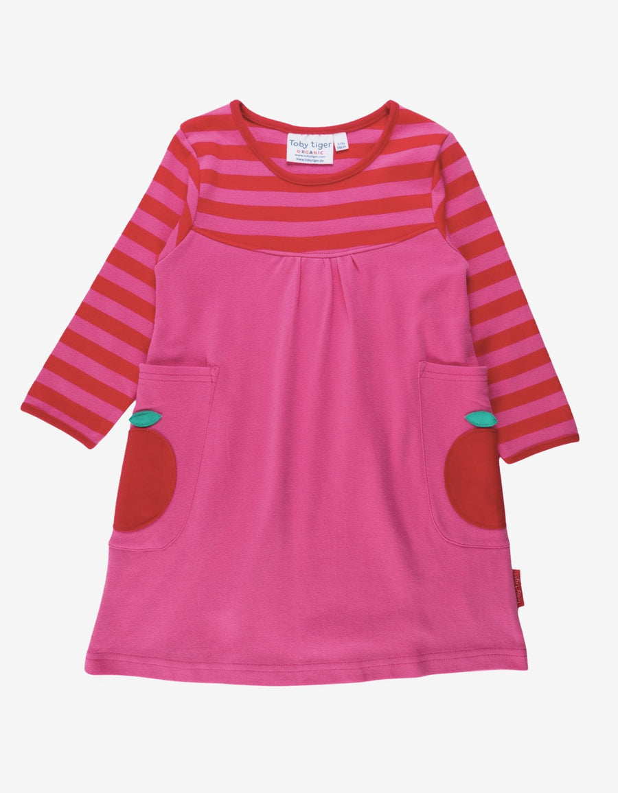Long Sleeve Organic Kids Dress with Fun Appliques and Striped Design - Soft Red Apple Details on Pink Pockets by Toby Tiger at brixbailey.com