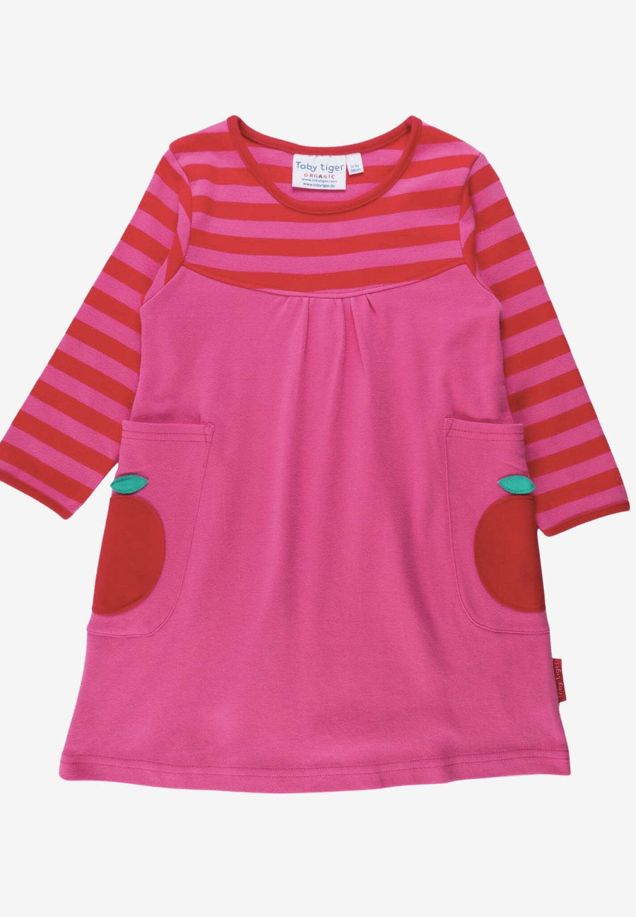 Long Sleeve Organic Kids Dress with Fun Apple Appliques and Striped Design by Toby Tiger at brixbailey.com